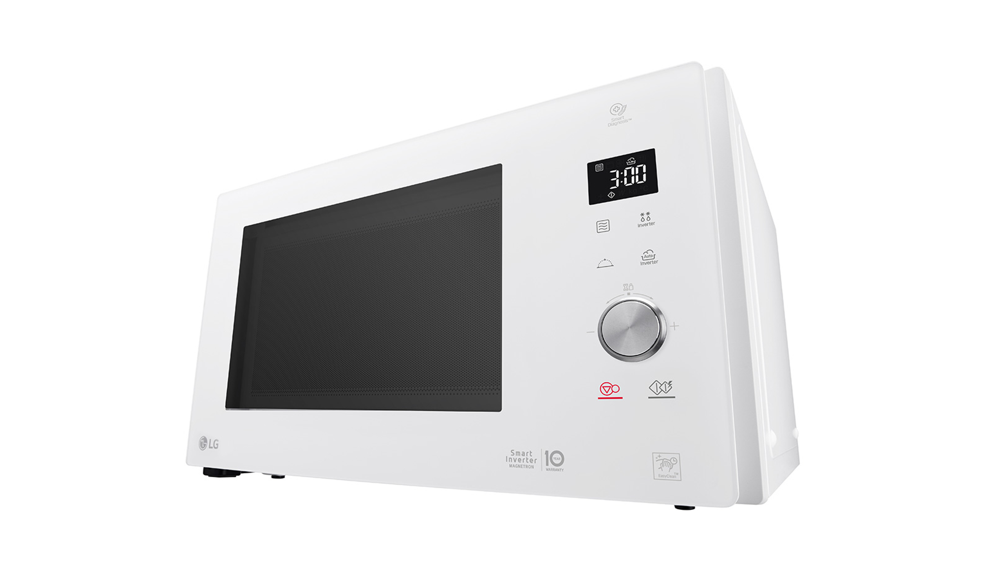 Forno a microonde LG bianco con display digitale e pannello di controllo. Il microonde è su una superficie bianca.