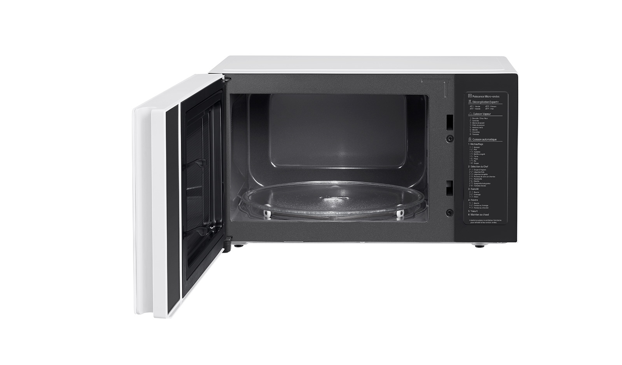 Forno a microonde con porta aperta, interno con piatto di vetro e pannello di controllo visibili.