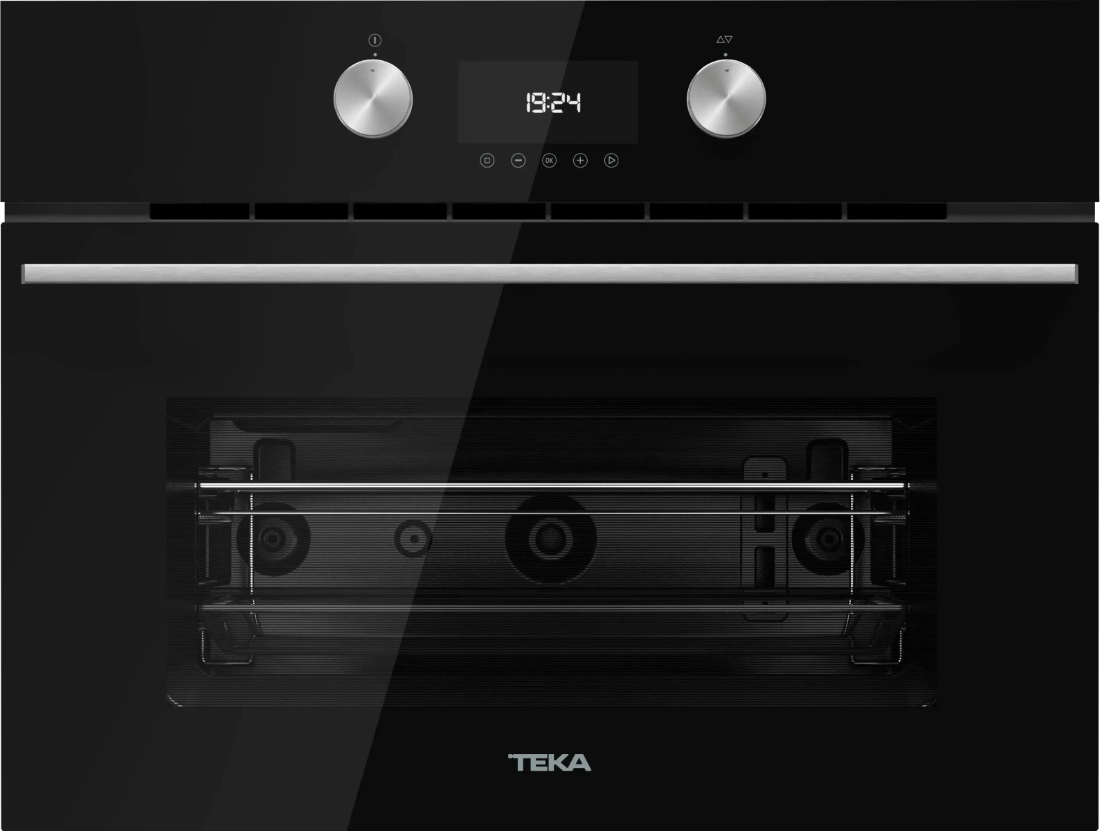 Un elegante horno negro con puerta de cristal. Una pantalla digital muestra la hora. La marca es TEKA.