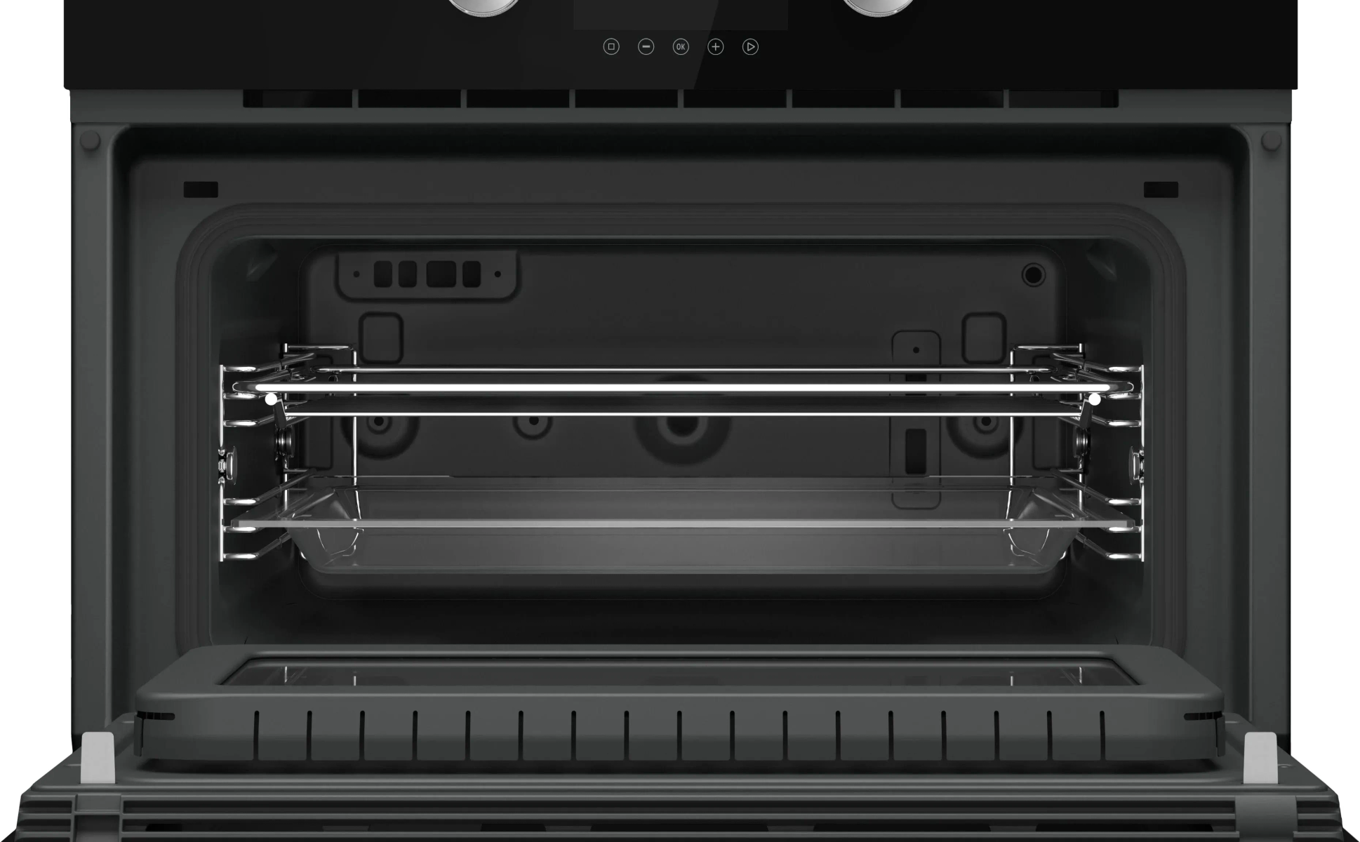 Un horno microondas Siemens con pantalla y controles, negro con borde plateado.