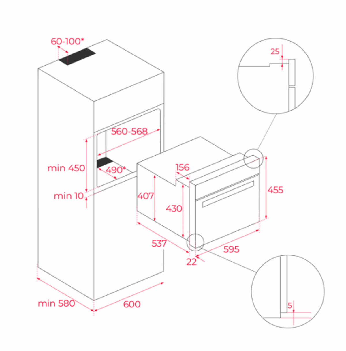 Diagrama de dimensiones del horno con medidas en milímetros. Forma rectangular.
