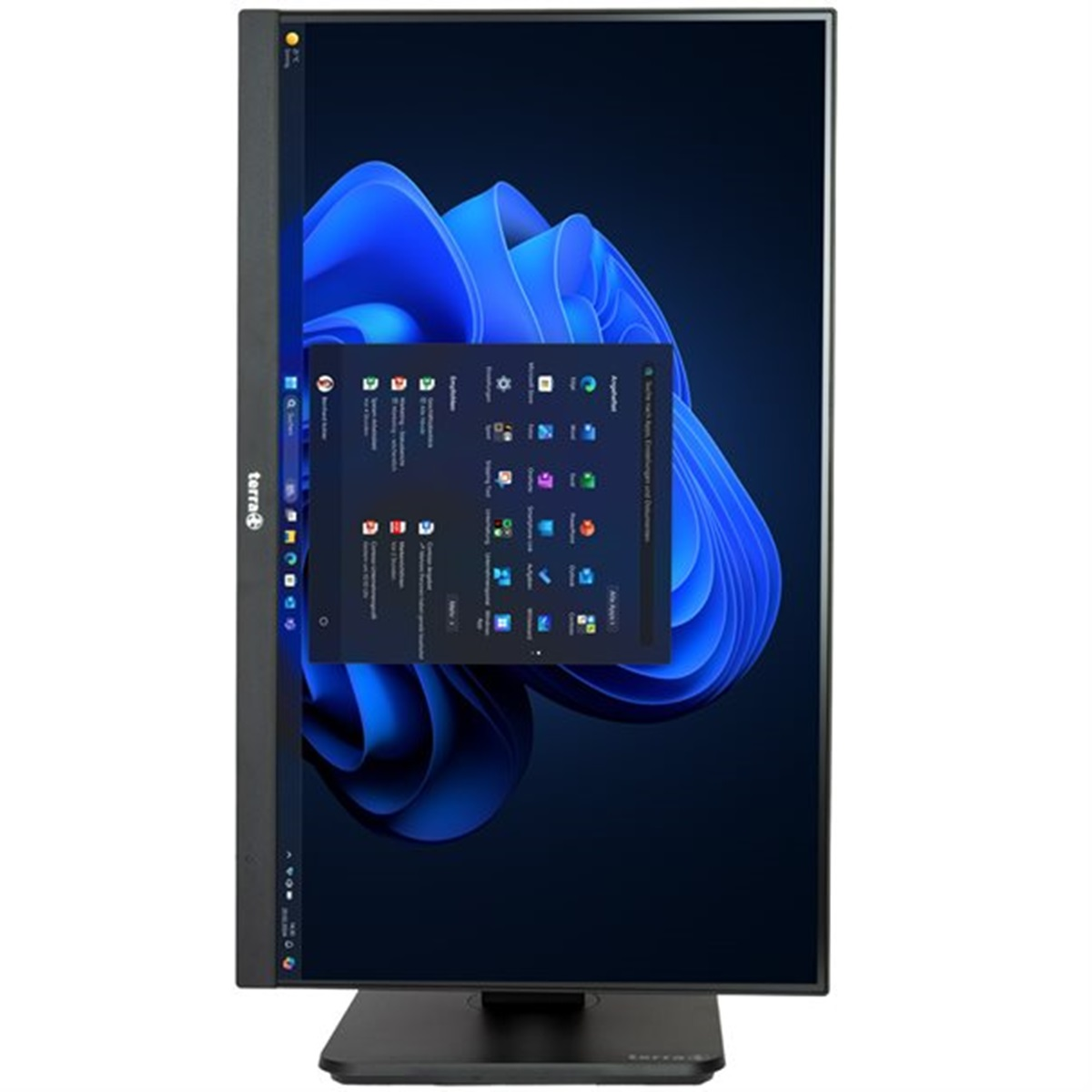 Wysoki monitor komputera, pokazujący pulpit z otwartymi oknami. Ekran jest ciemny z niebieskim tłem.