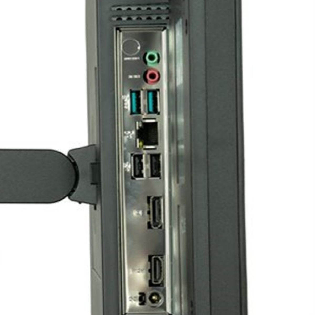 Widok z boku komputera z portami: USB, audio, ethernet, HDMI i DC.