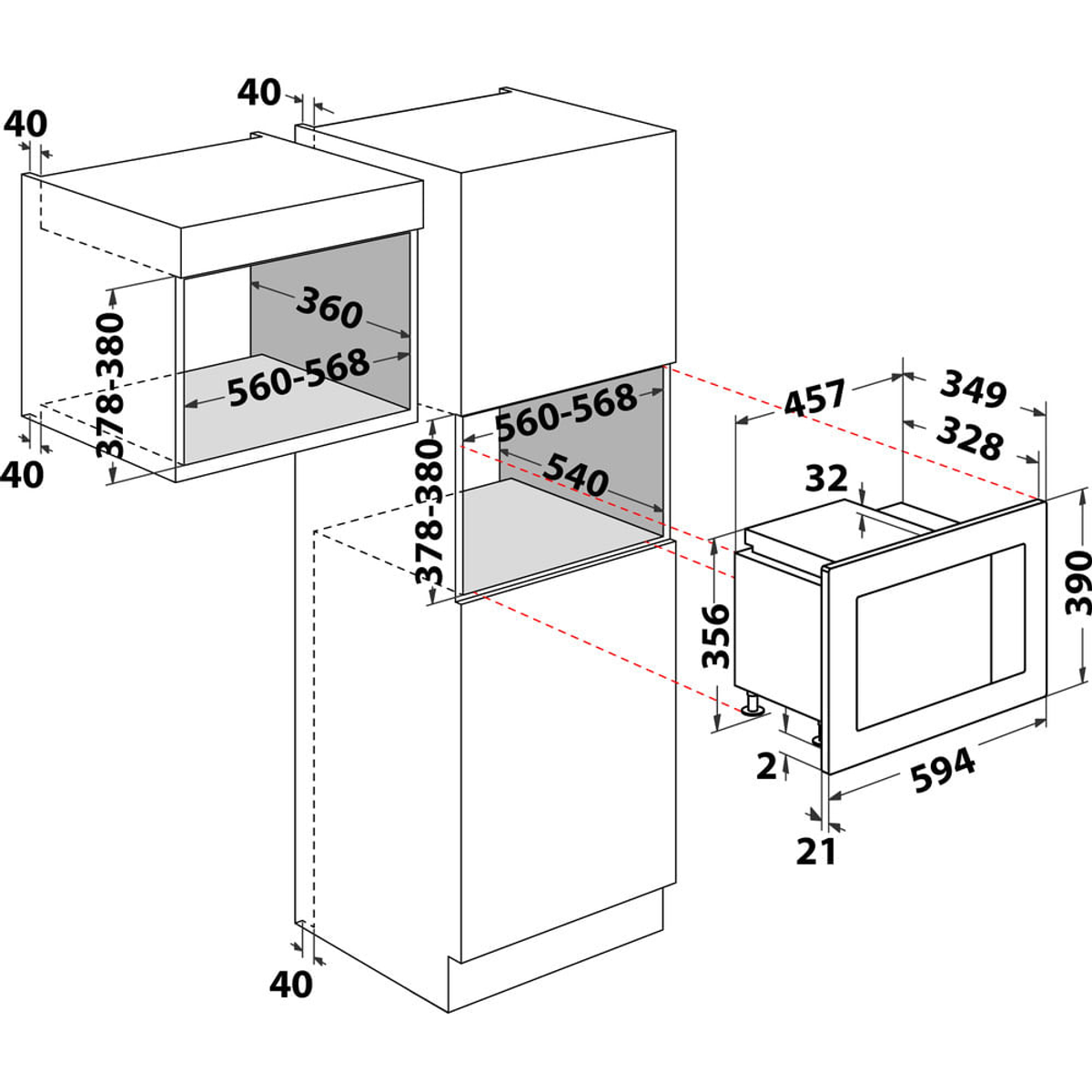 Diagram van de afmetingen van de magnetron.