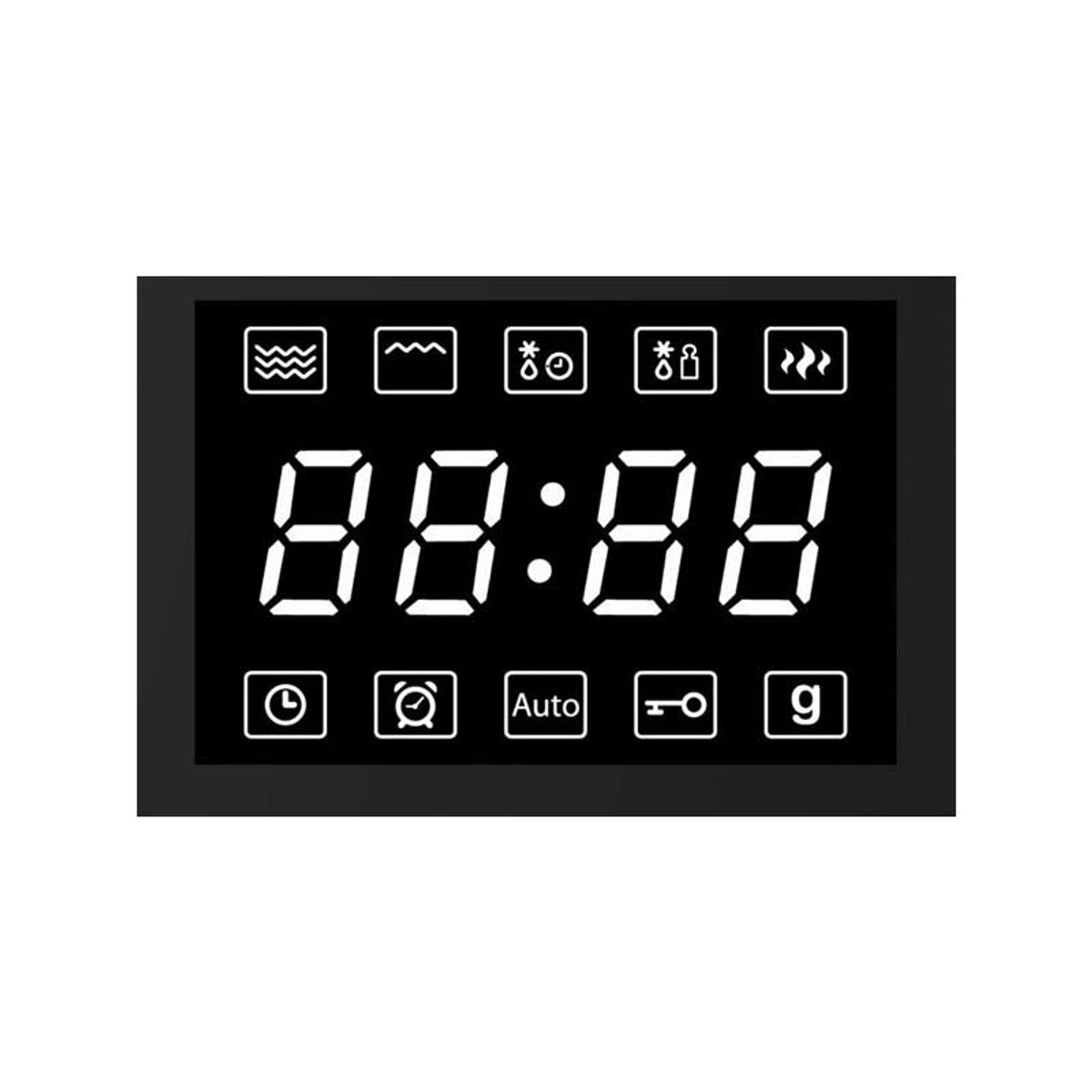 Cyfrowy wyświetlacz kuchenki mikrofalowej. Czarny wyświetlacz z białymi cyframi, ikonami funkcji.