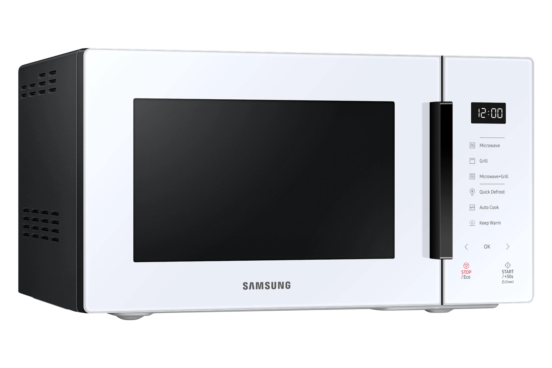 Biała kuchenka mikrofalowa z czarnymi drzwiami i wyświetlaczem cyfrowym. Przyciski do różnych trybów gotowania.
