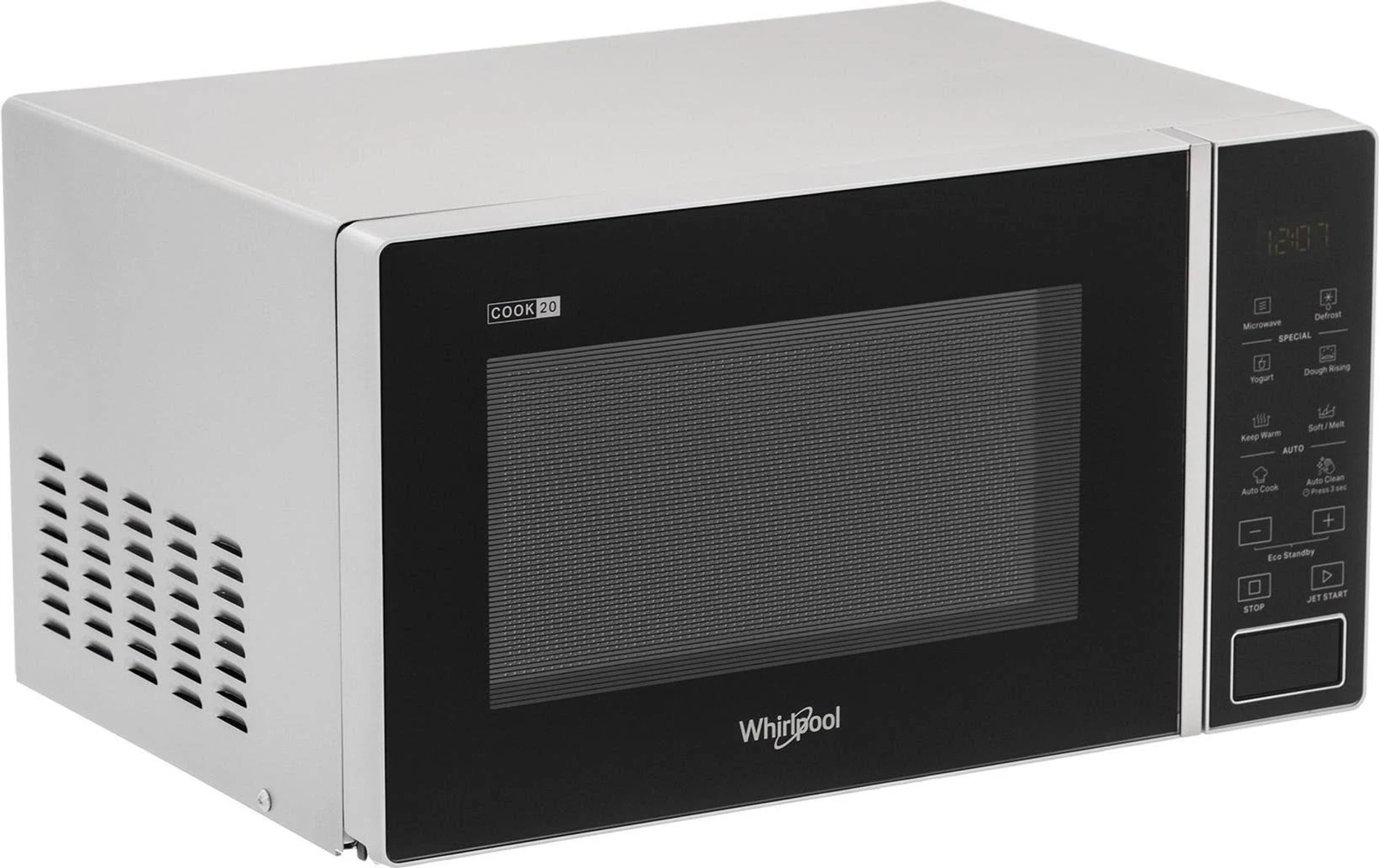 Microonde Whirlpool argentato. Porta e pannello di controllo neri. Display digitale, sfondo bianco.