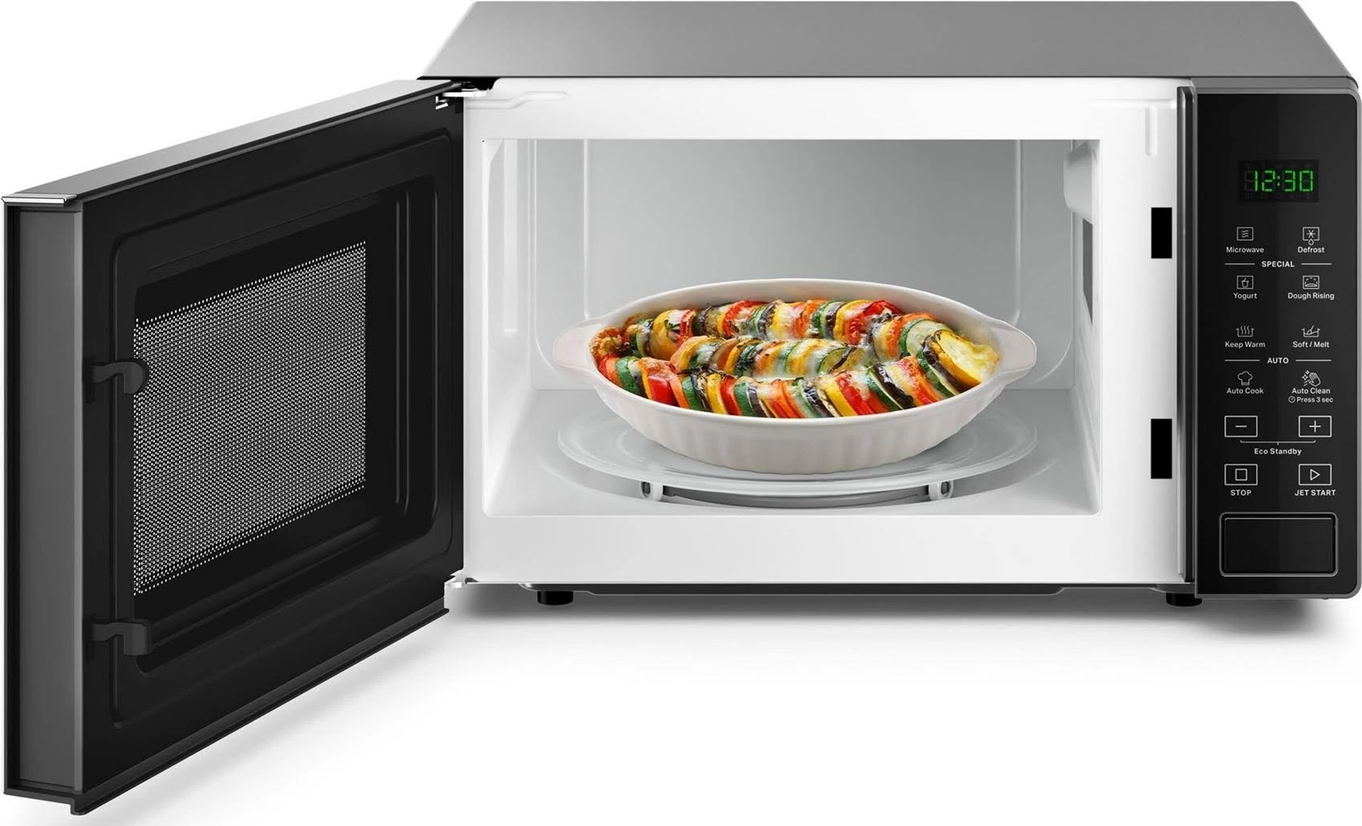 Forno a microonde, aperto, con cibo all'interno. Mostra display e pannello comandi.
