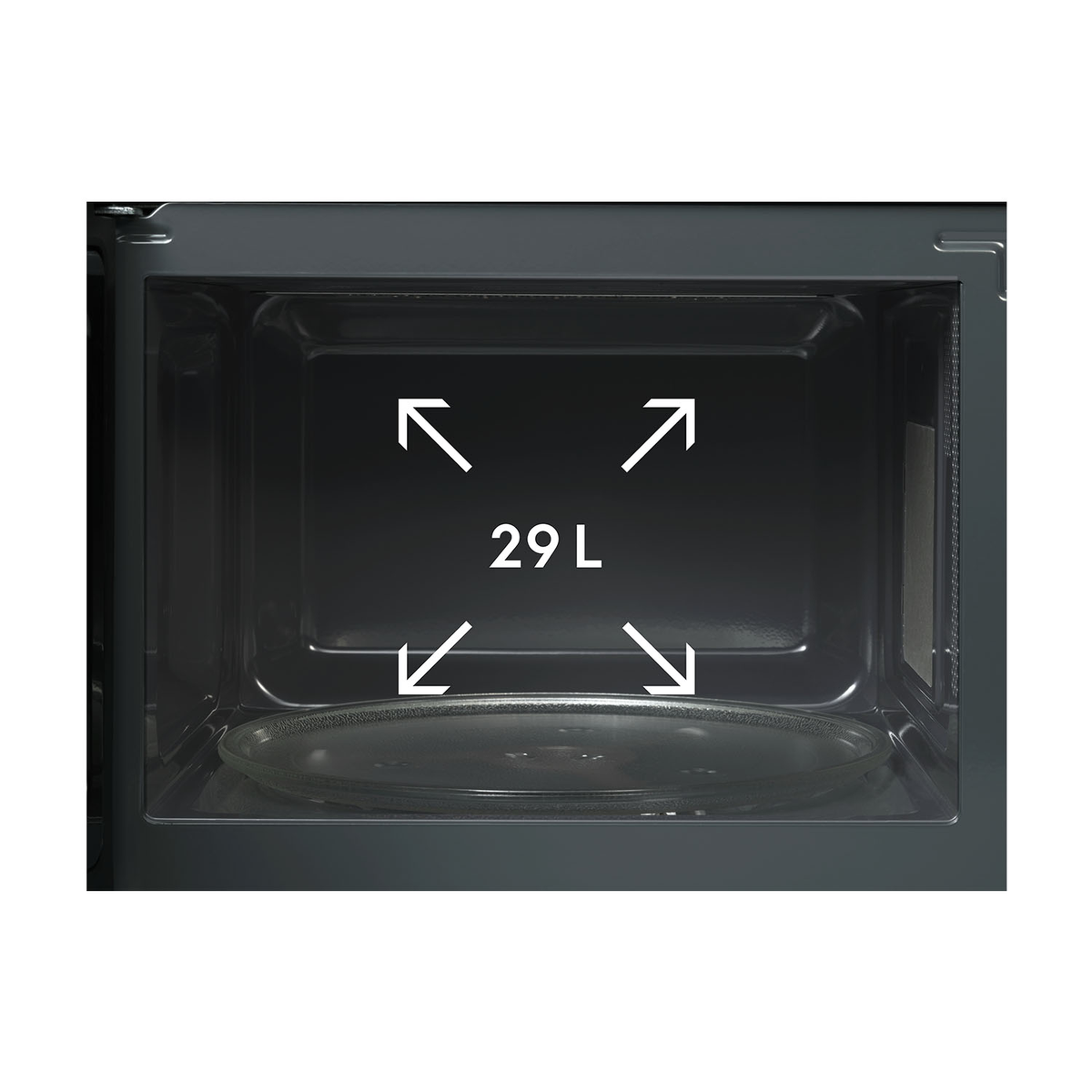 Binnenkant van een zwarte magnetron met glazen plaat en 29L capaciteit.