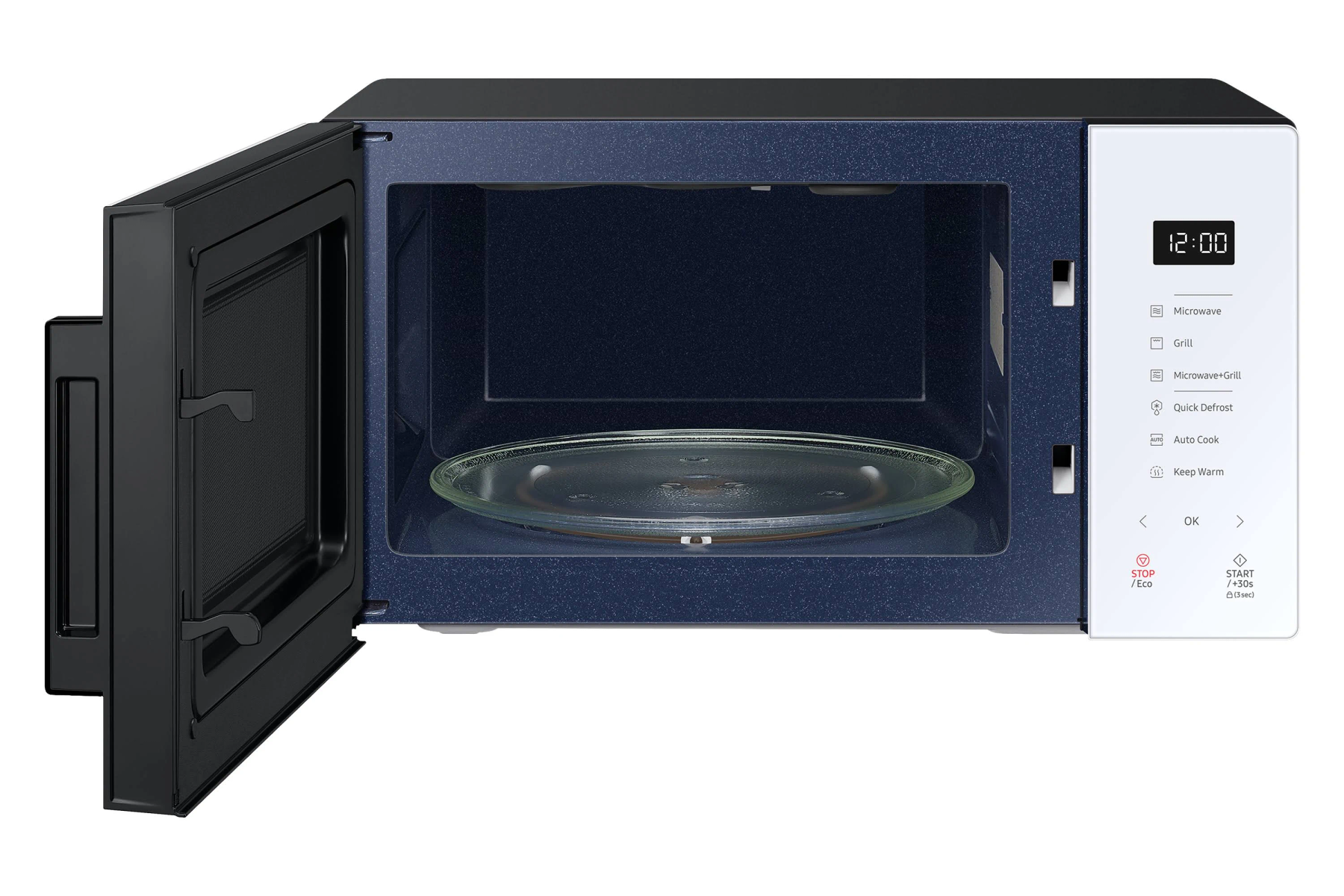 Piekarnik mikrofalowy z otwartymi drzwiami, widoczne wnętrze z szklanym talerzem w środku.