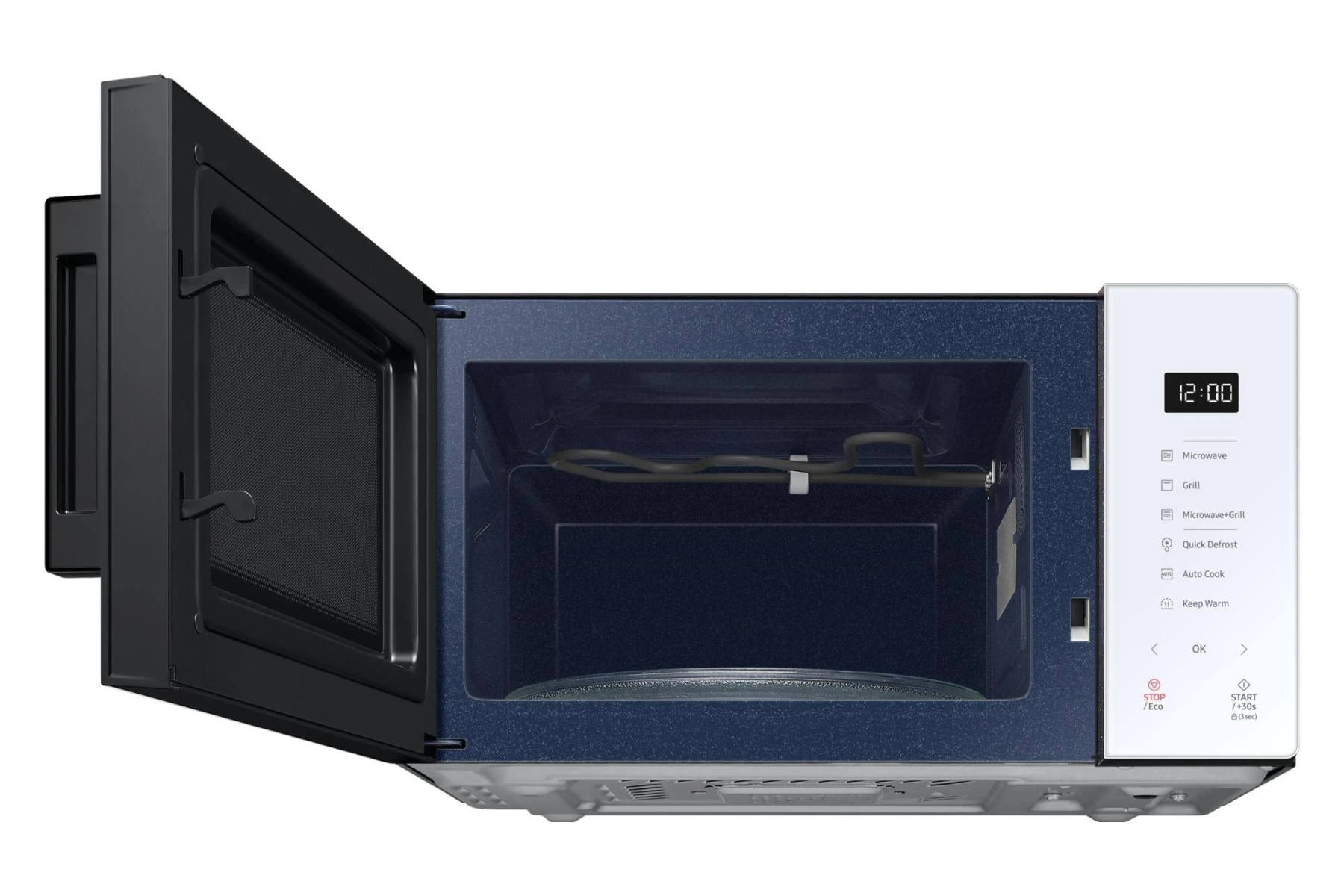 Kuchenka mikrofalowa Samsung z otwartymi drzwiami. Wnętrze jest niebieskie. Biały panel sterowania z zegarem cyfrowym.