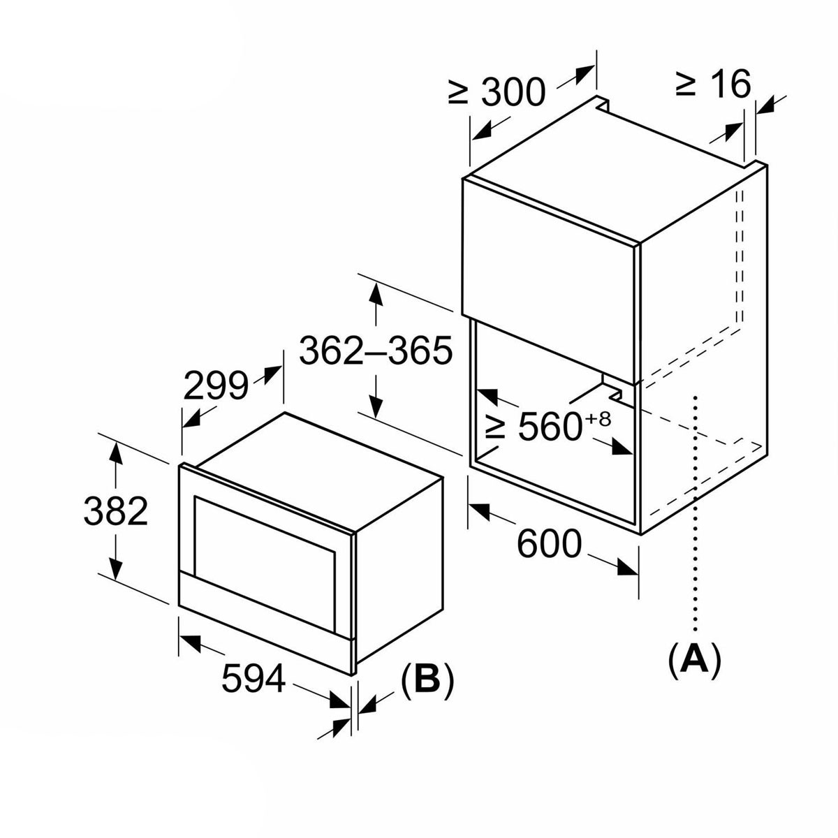 Schemat piekarnika do zabudowy. Pokazuje wymiary i osobne pudełko.