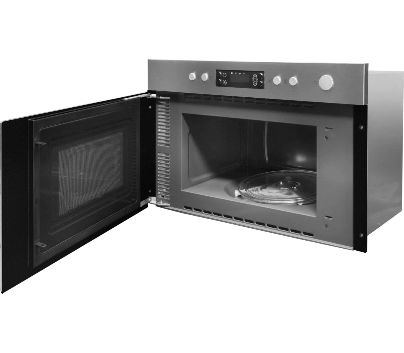 Un horno microondas con la puerta abierta, revelando un plato de vidrio adentro.