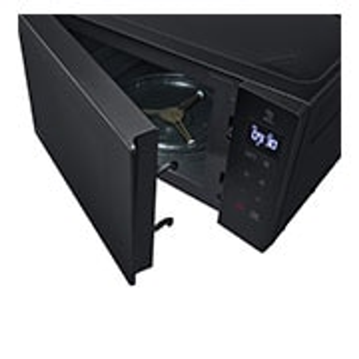 Czarna kuchenka mikrofalowa, otwarte drzwi, wnętrze z obracanym szklanym talerzem. Przyciski i wyświetlacz po prawej.