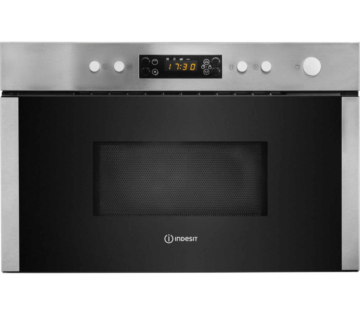 Un horno microondas con puerta negra, ribete plateado, pantalla digital y el logo INDESIT.