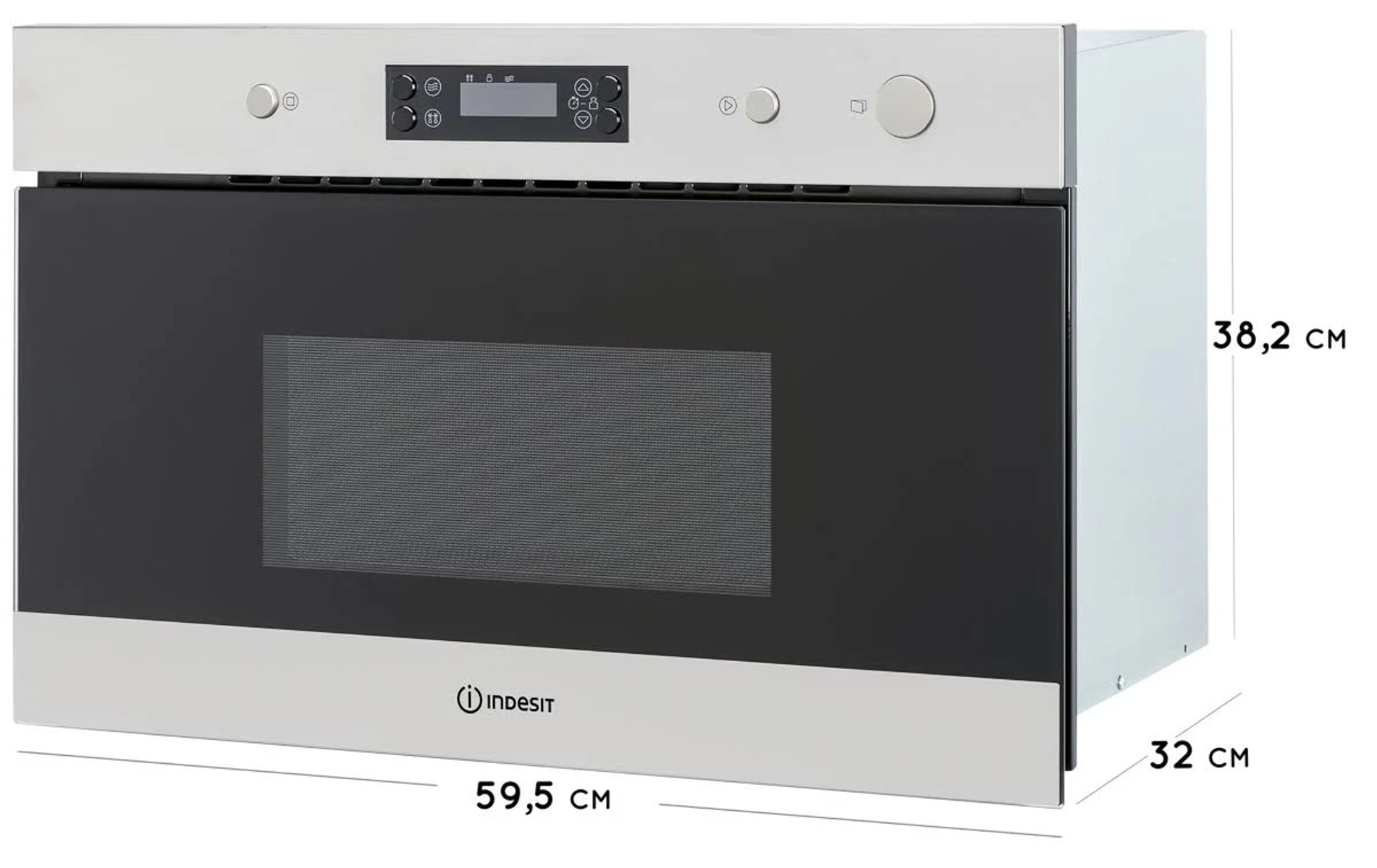 Horno microondas empotrado Indesit, dimensiones visibles. Puerta negra, marco plateado, panel de control.