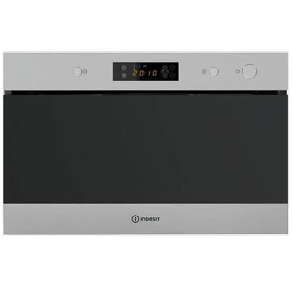 Horno Indesit. Frontal plateado con puerta negra y pantalla digital.