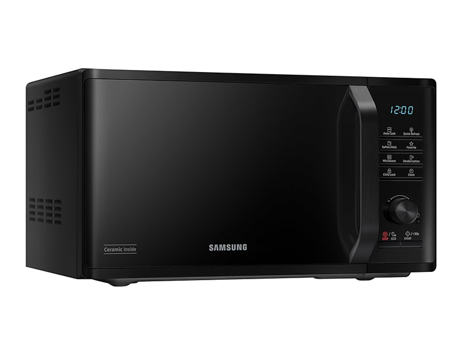 Forno a microonde nero con display digitale e pannello di controllo su superficie bianca.