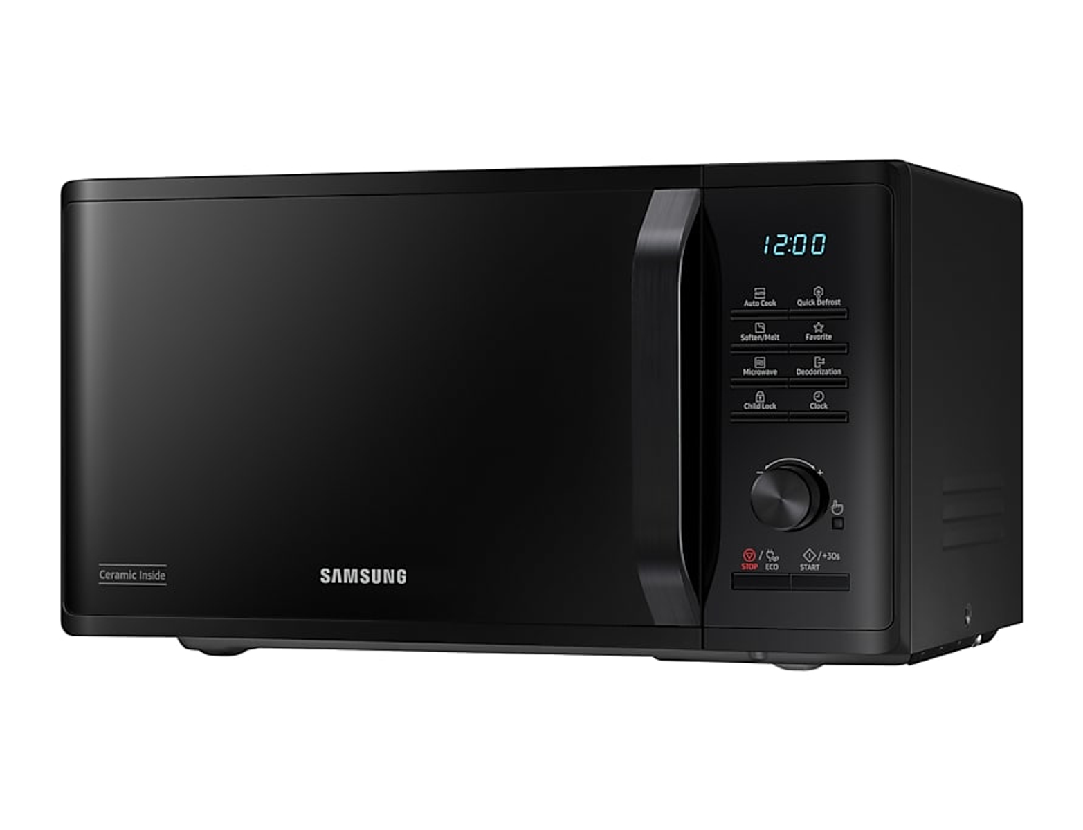 Forno a microonde nero con pannello di controllo nero e display digitale.