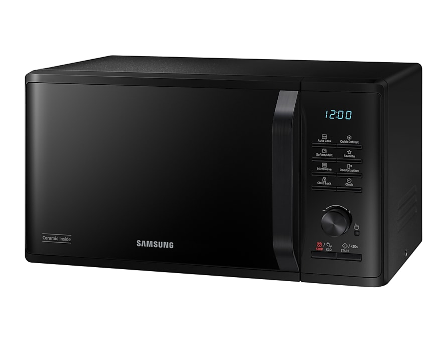 Forno a microonde nero con display digitale e pannello di controllo.