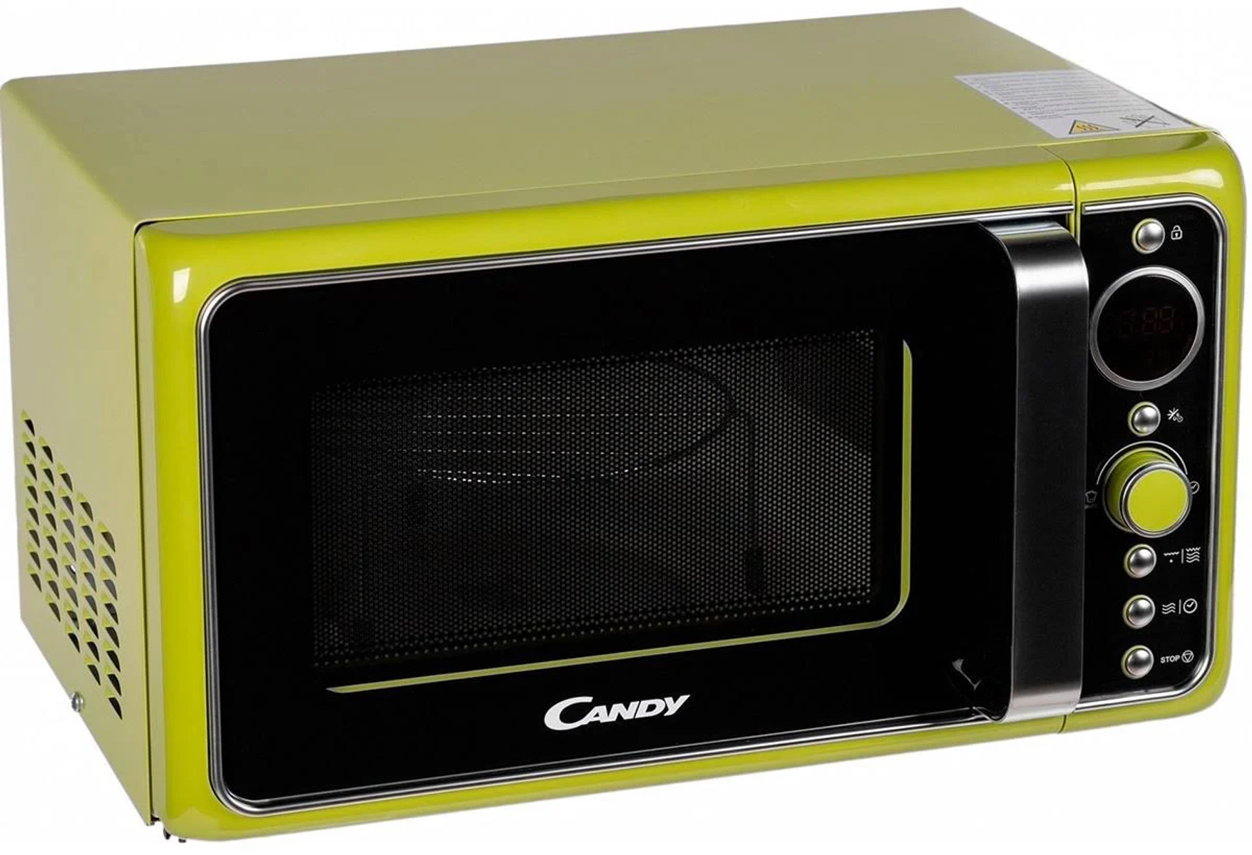 Forno a microonde Candy verde con porta nera e display digitale. Vista angolata.