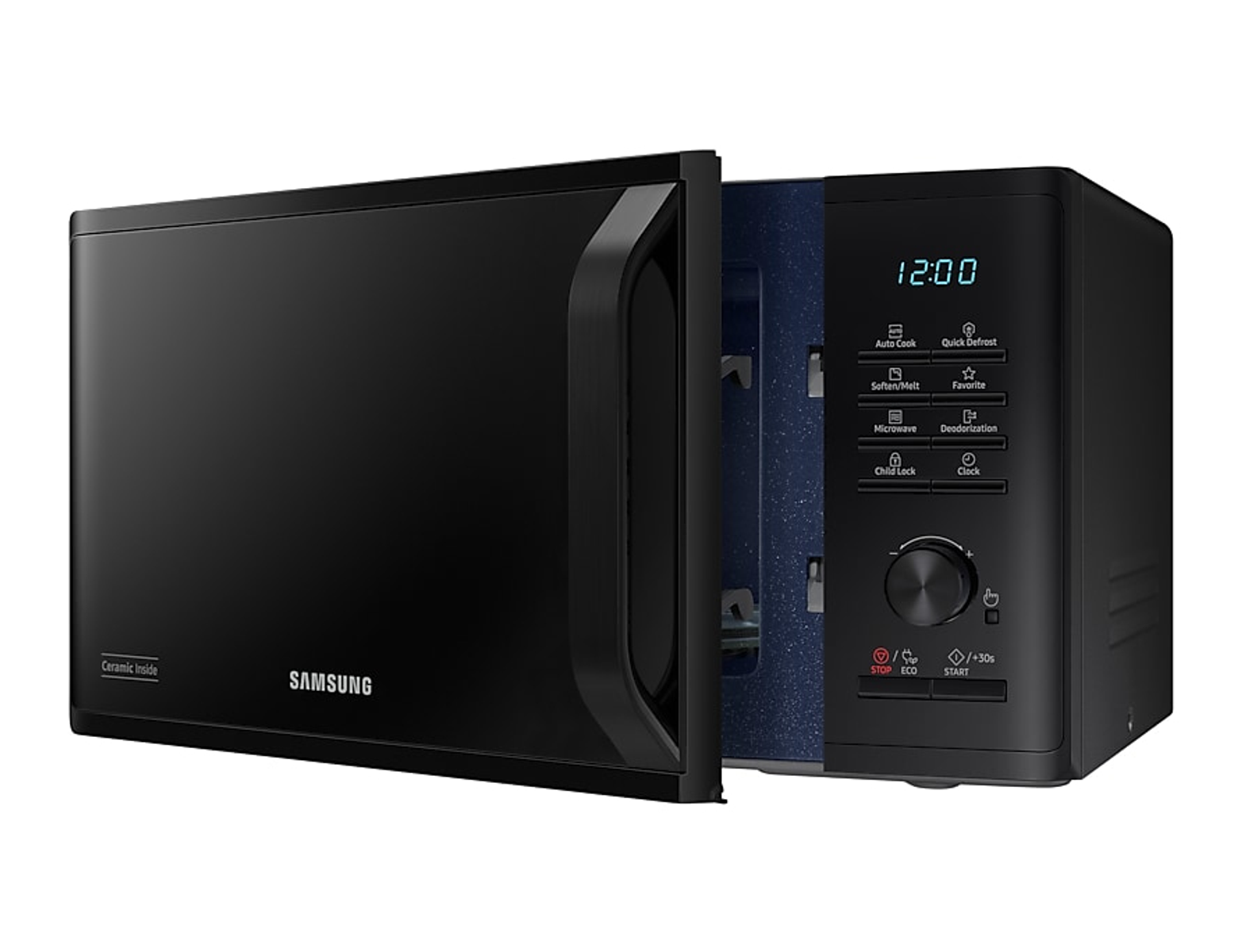 Forno a microonde nero con la porta parzialmente aperta, che mostra l'interno e il display.