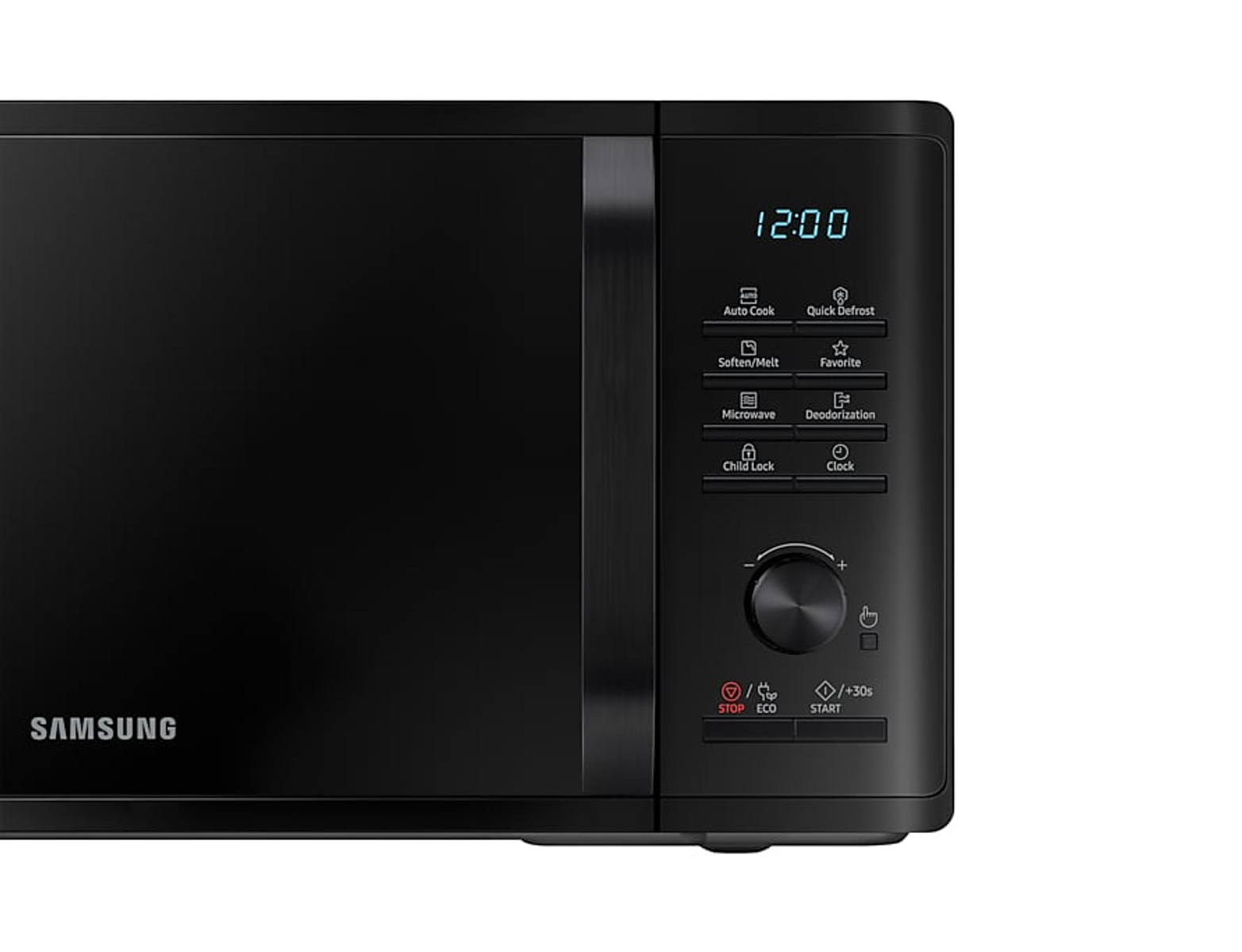Primo piano del pannello di controllo di un forno a microonde Samsung nero con orologio digitale e pulsanti.
