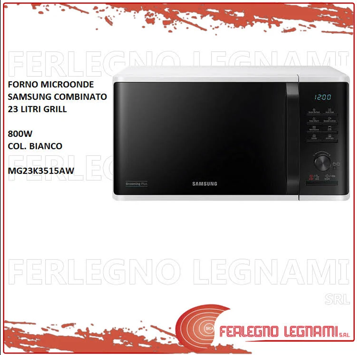 Un forno a microonde bianco e nero con testo e logo su sfondo bianco.