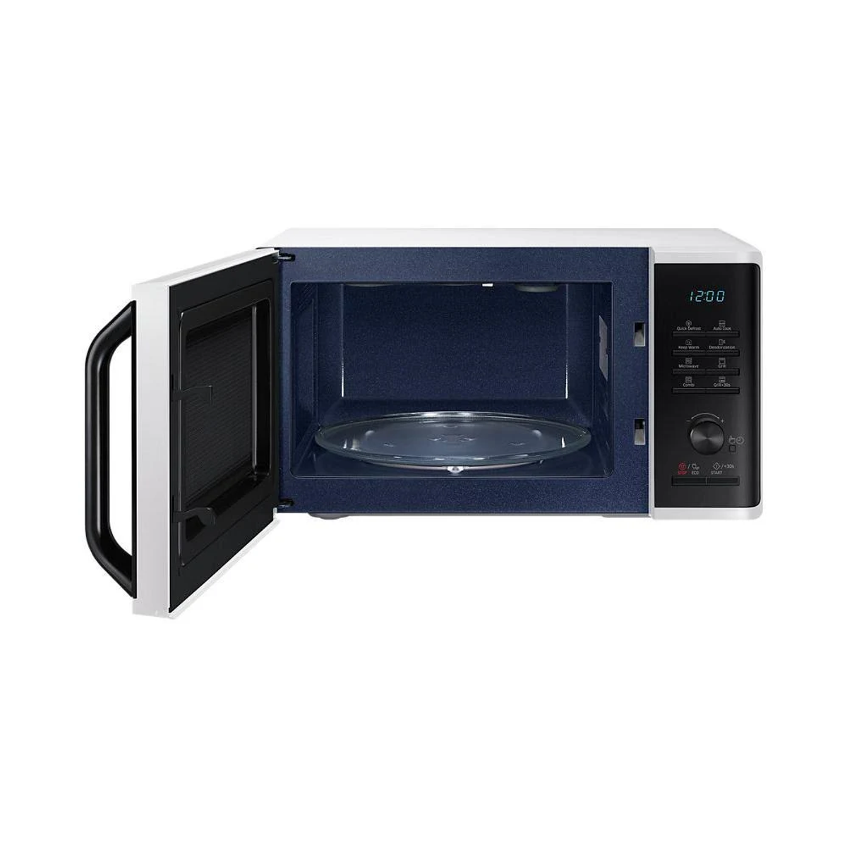 Forno a microonde con porta aperta, interno con piatto in vetro, colore interno blu.