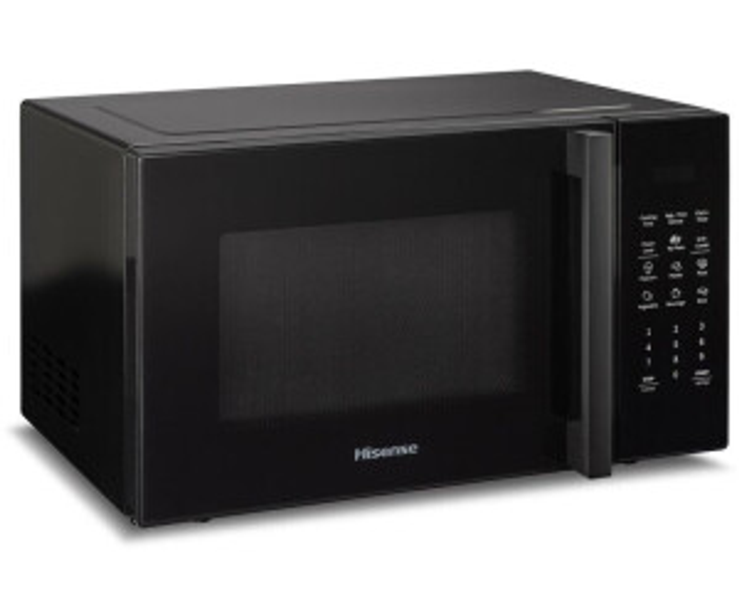 Zwarte Hisense magnetron. Zwarte deur en bedieningspaneel. Handvat links.