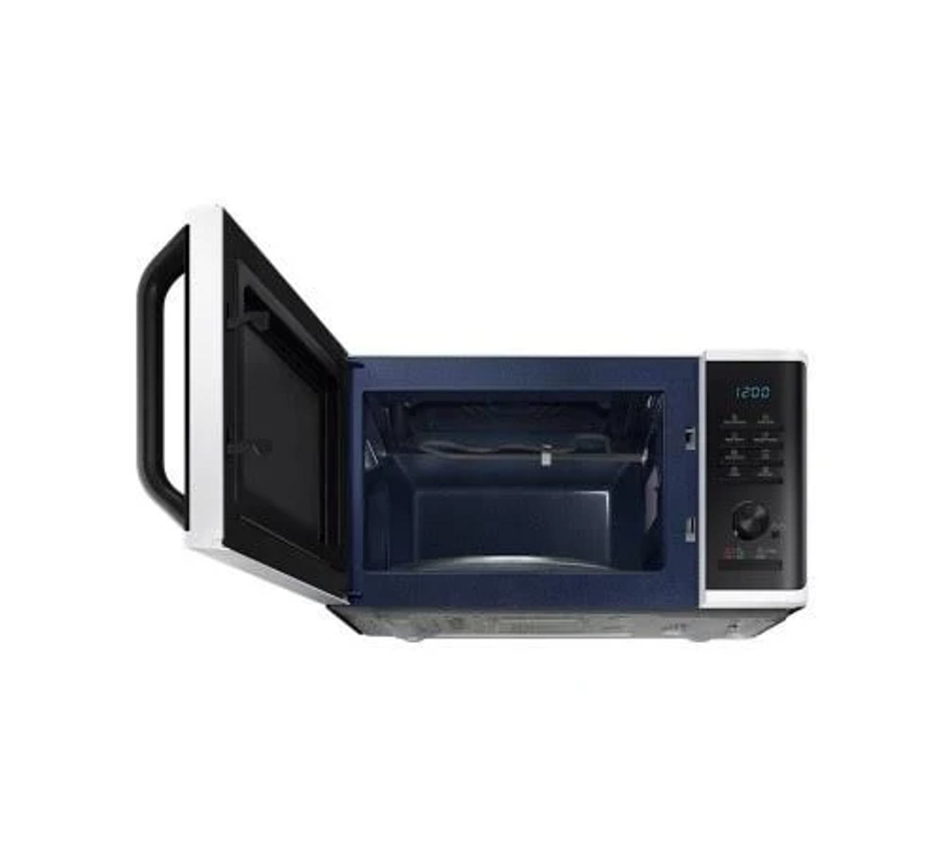 Un forno a microonde bianco con la scritta Grill.