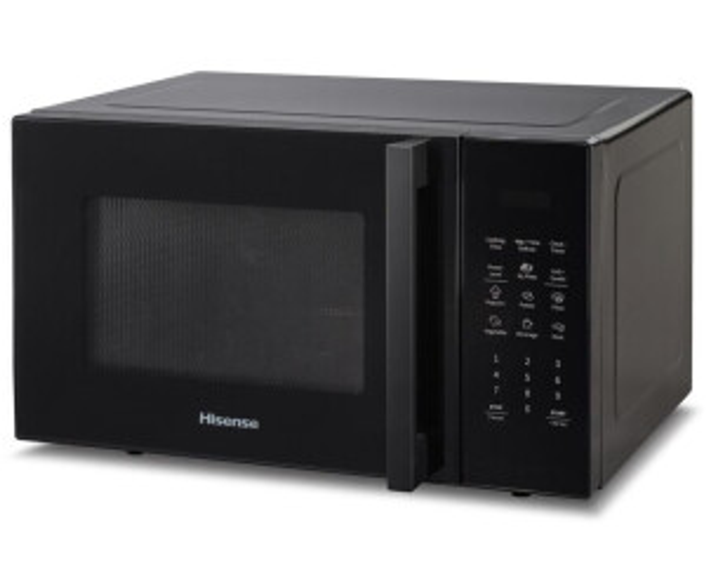 Zwarte Hisense magnetron met open deur. Bedieningspaneel rechts. Witte achtergrond.