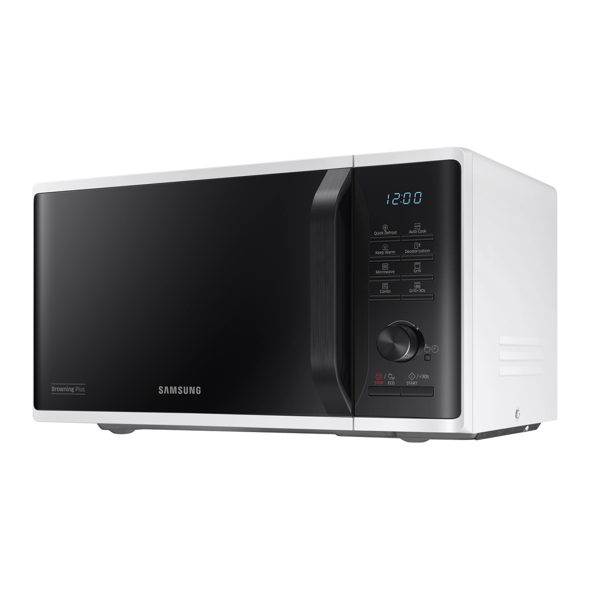 Un forno a microonde Samsung bianco. Porta e pannello di controllo neri. L'ora è: 12:00.
