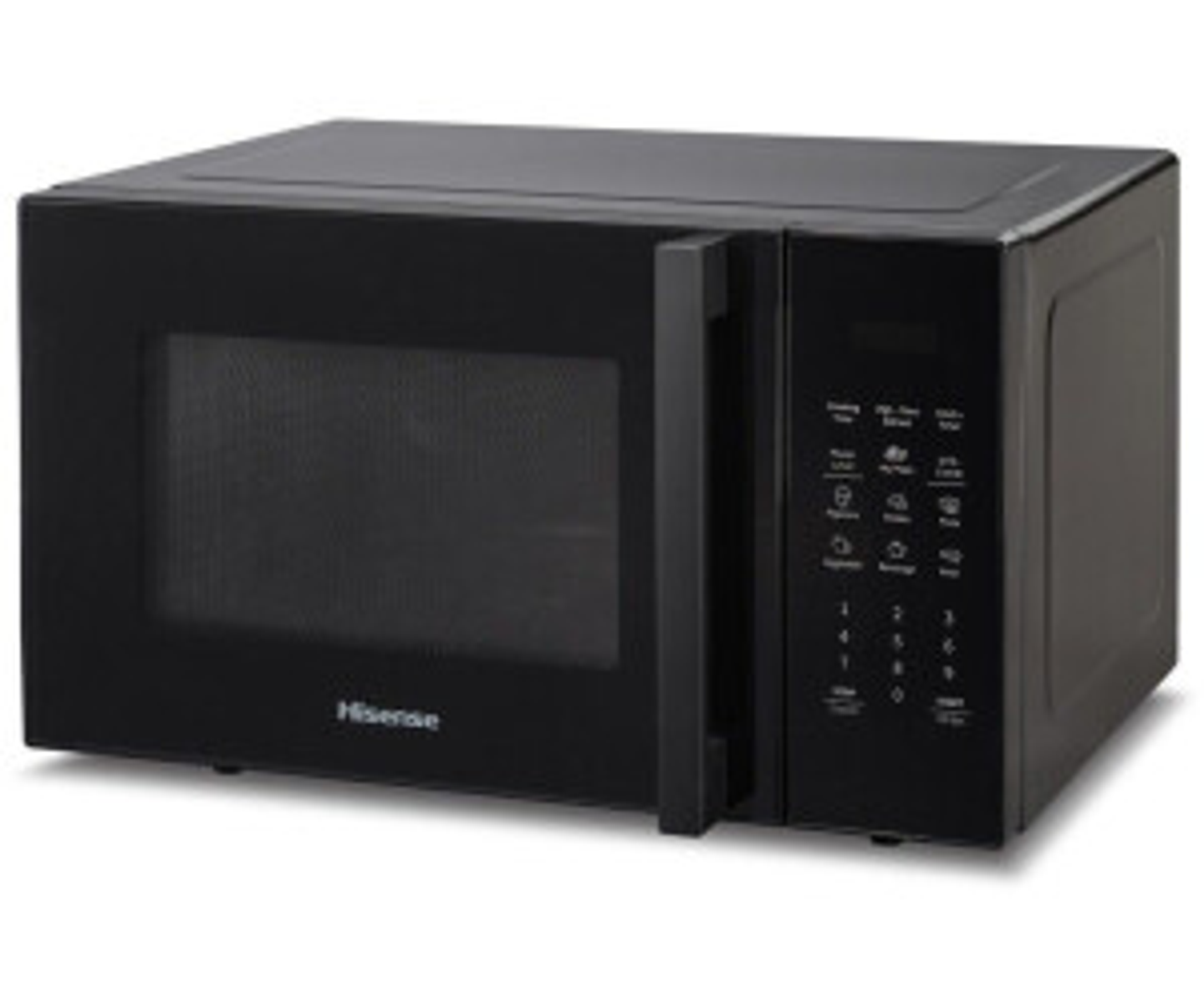 Een zwarte Hisense magnetron met bedieningsknoppen aan de rechterkant en een gesloten deur.