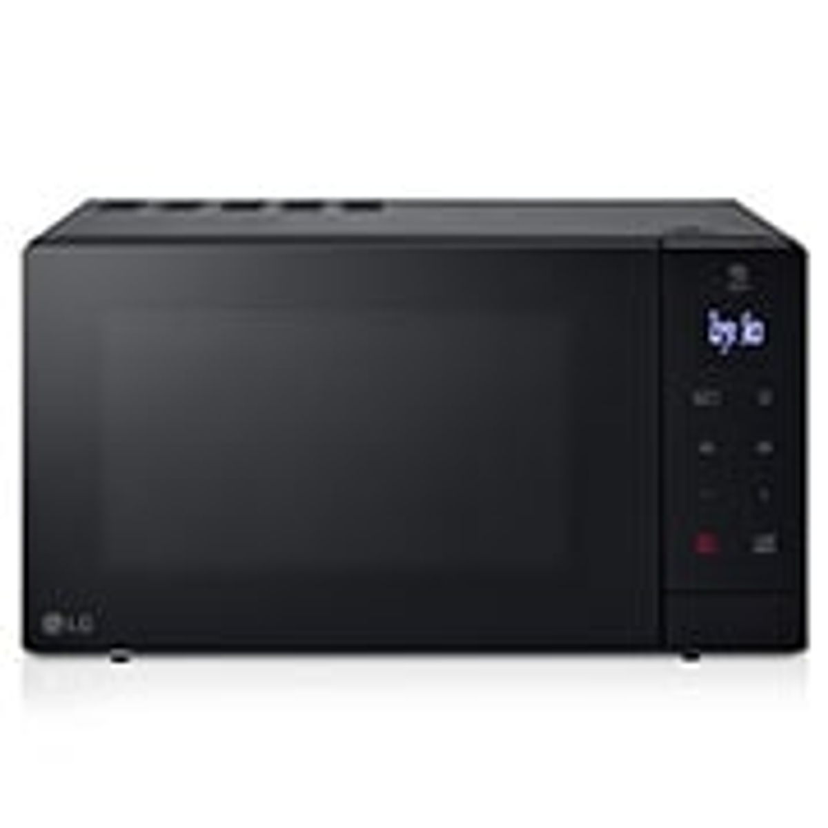 Horno microondas negro, vista lateral, con pantalla digital y botones de control.