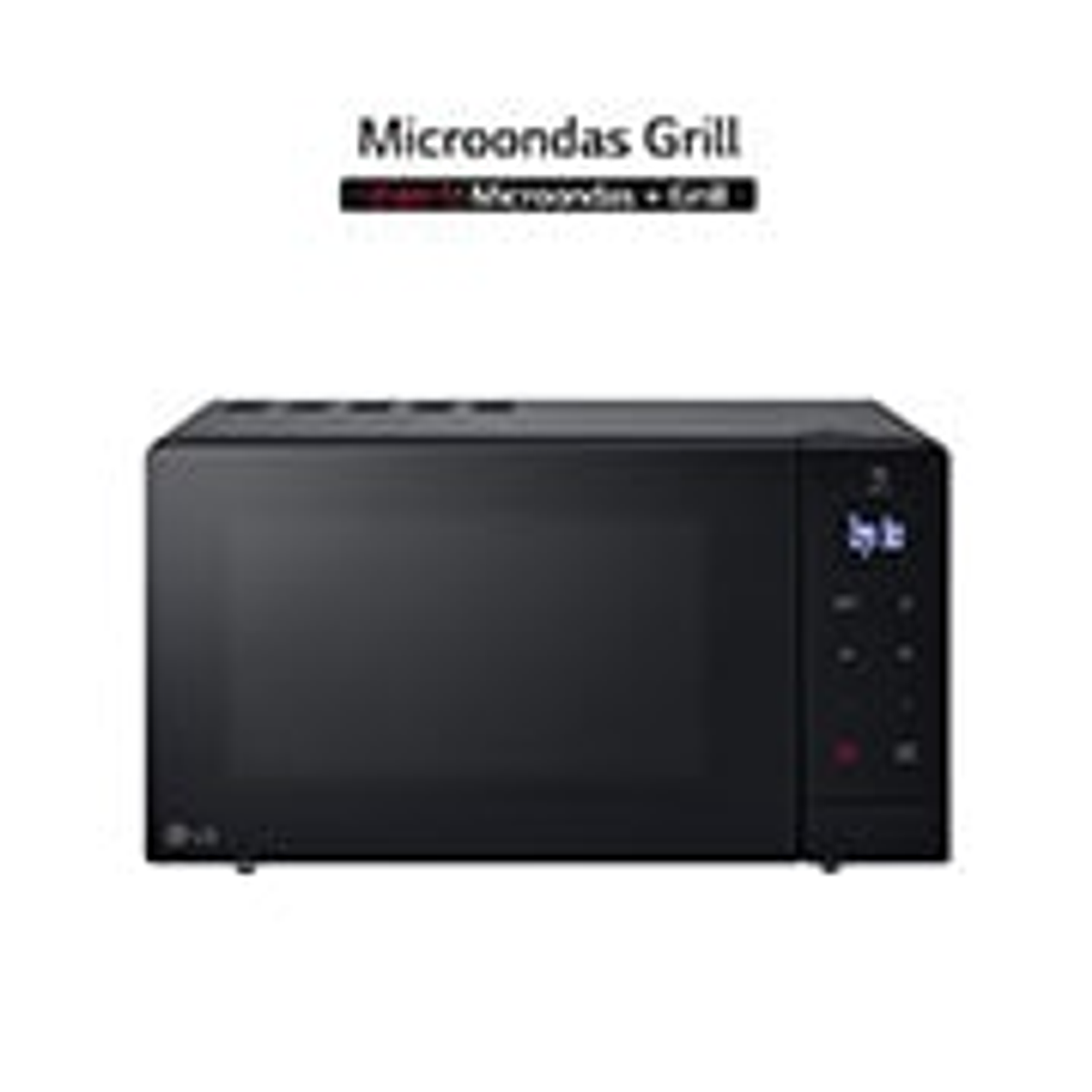 Microondas negro con pantalla digital. La pantalla muestra la hora y botones de control.