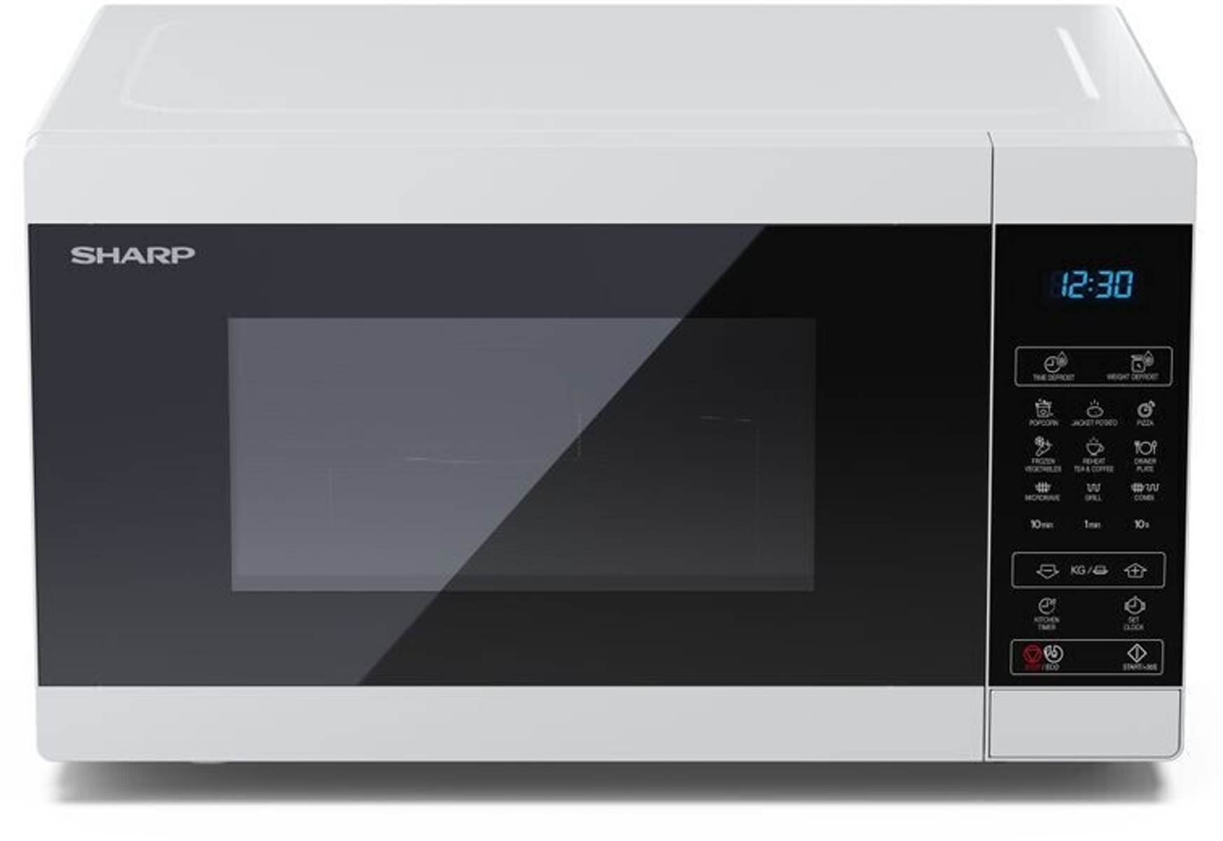 Horno microondas Sharp blanco con puerta negra. La pantalla digital muestra la hora. Panel de control presente.