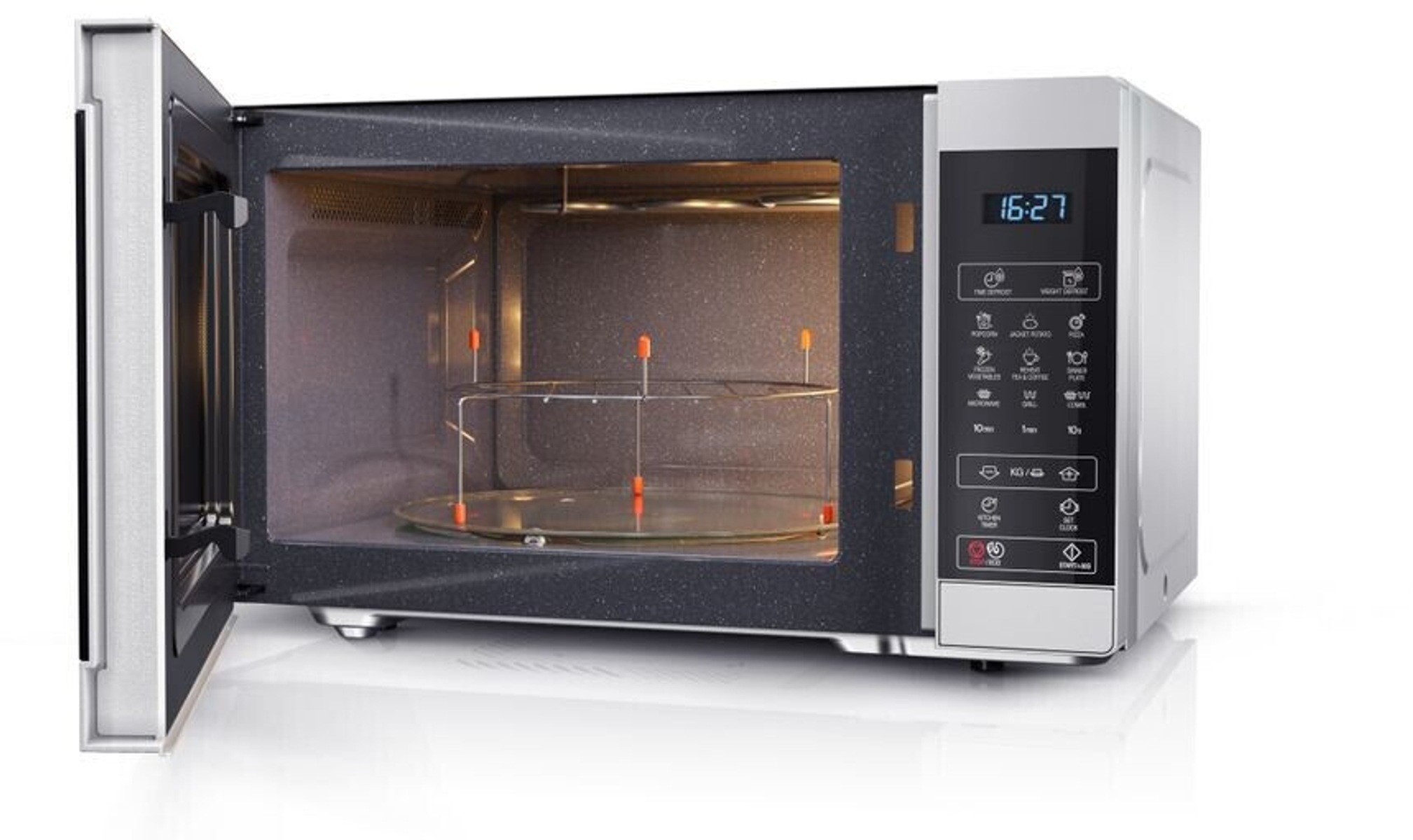 Horno microondas abierto, mostrando el interior, con plato de vidrio y varillas naranjas.