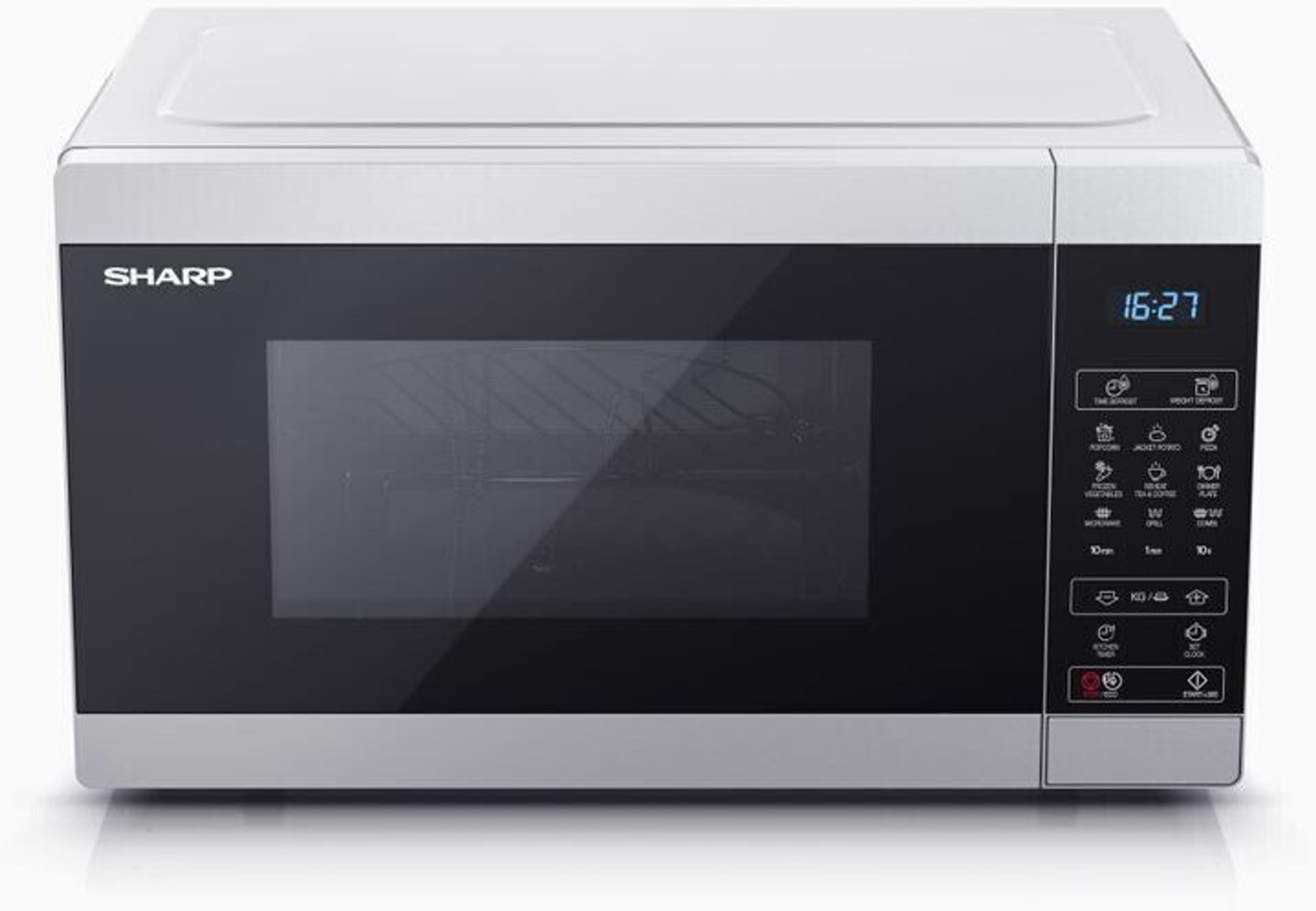Horno microondas Sharp, blanco. Pantalla digital, panel de control, puerta negra. Ribete de acero inoxidable.