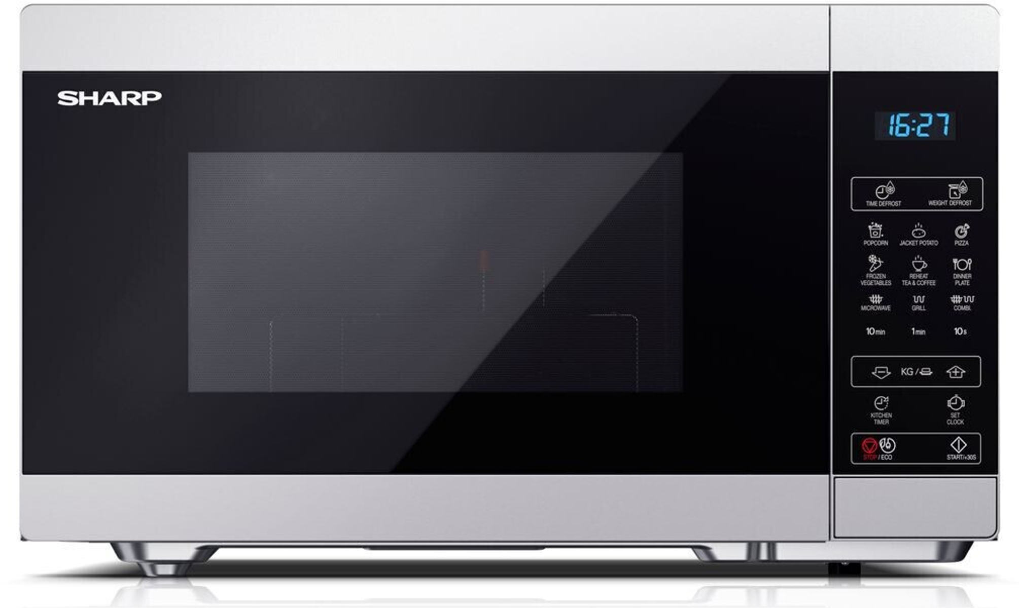 Un microondas Sharp con pantalla digital que muestra 16:27. Tiene muchos botones de cocción.