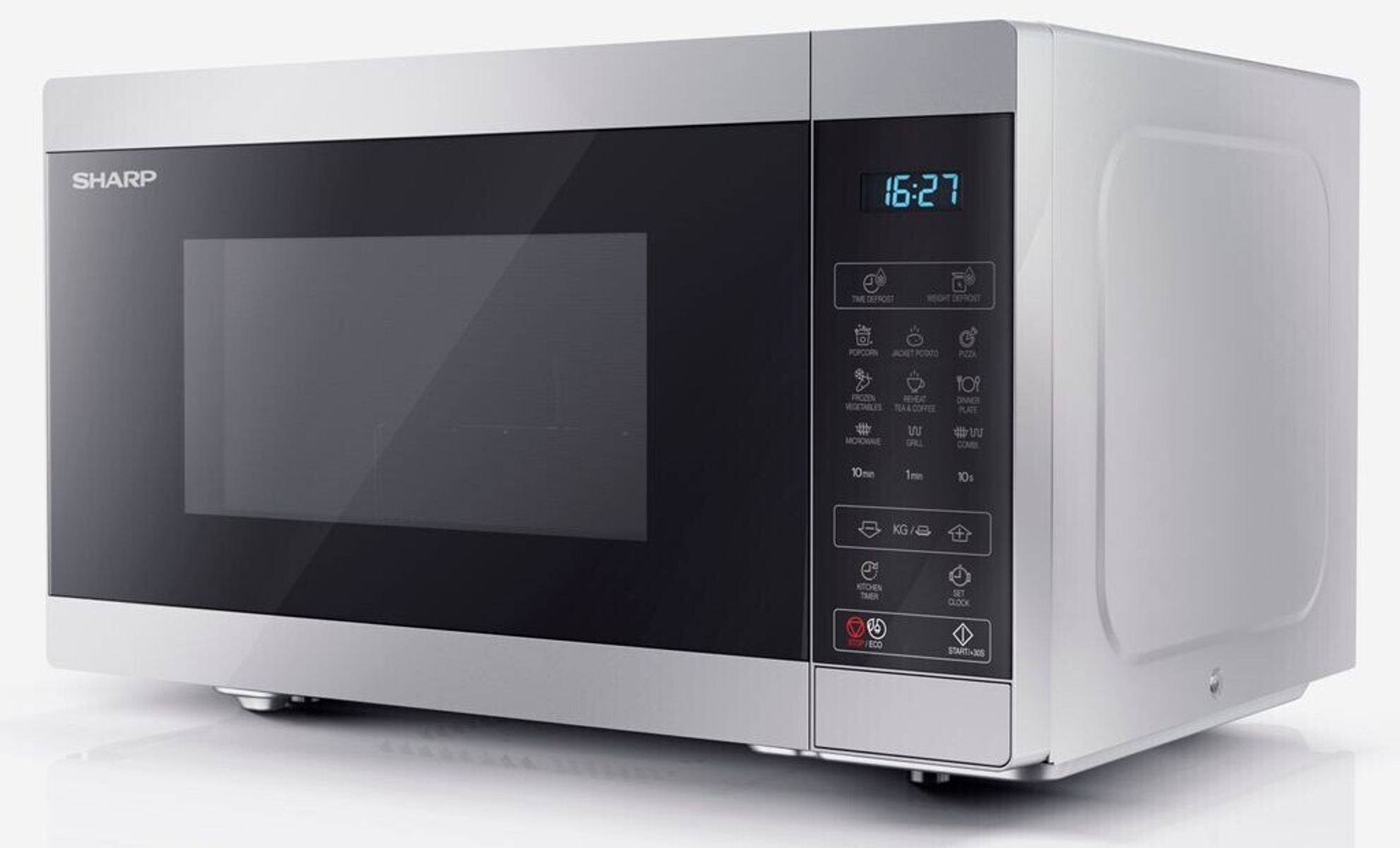 Un horno microondas Sharp plateado con puerta negra y pantalla digital.