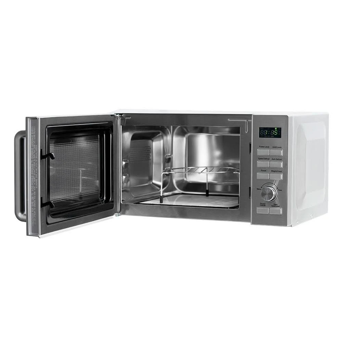 Horno microondas blanco con la puerta abierta, mostrando el interior y el panel de control.