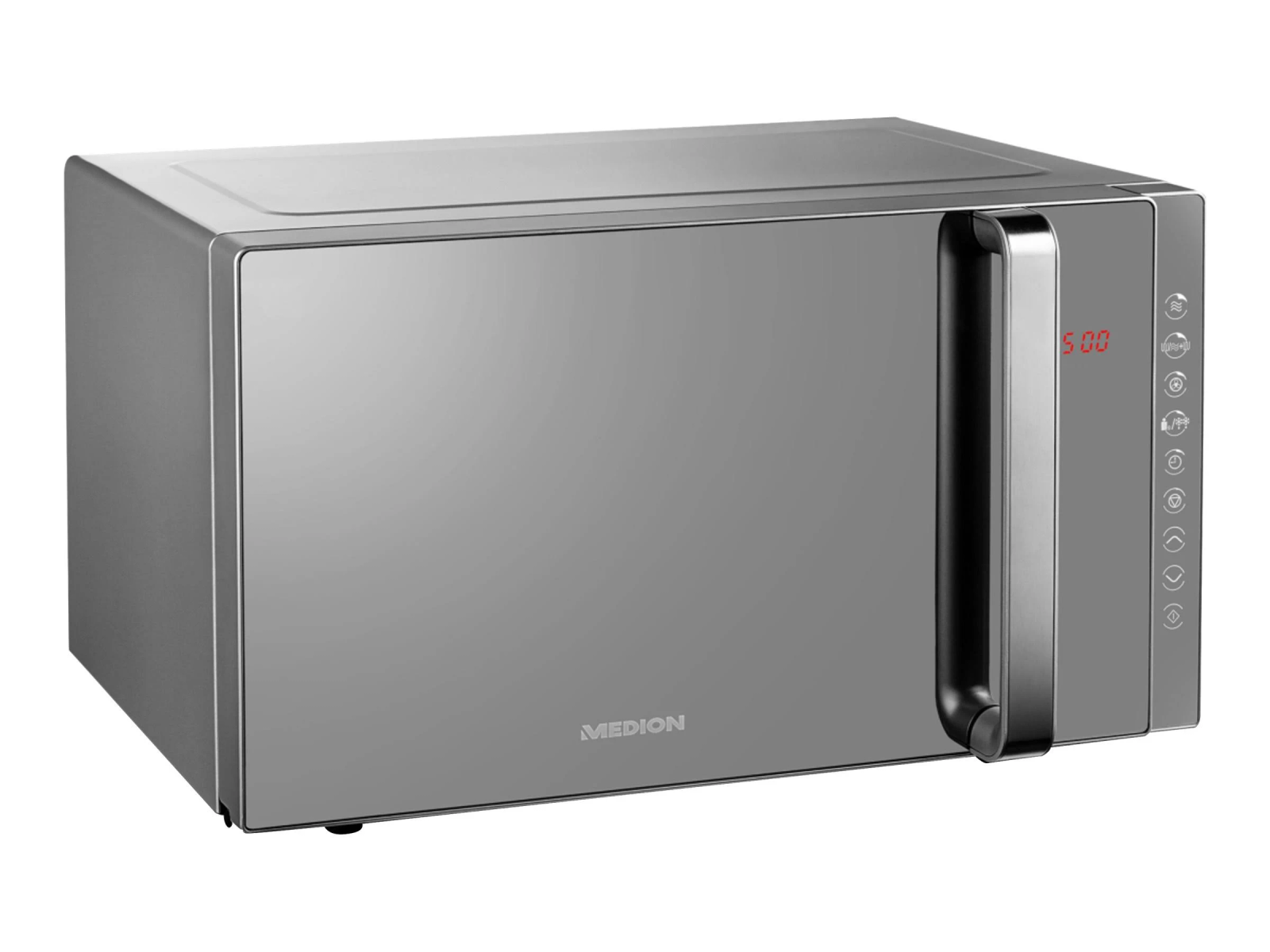 Un forno a microonde Medion argentato con maniglia nera e display digitale che mostra l'ora.
