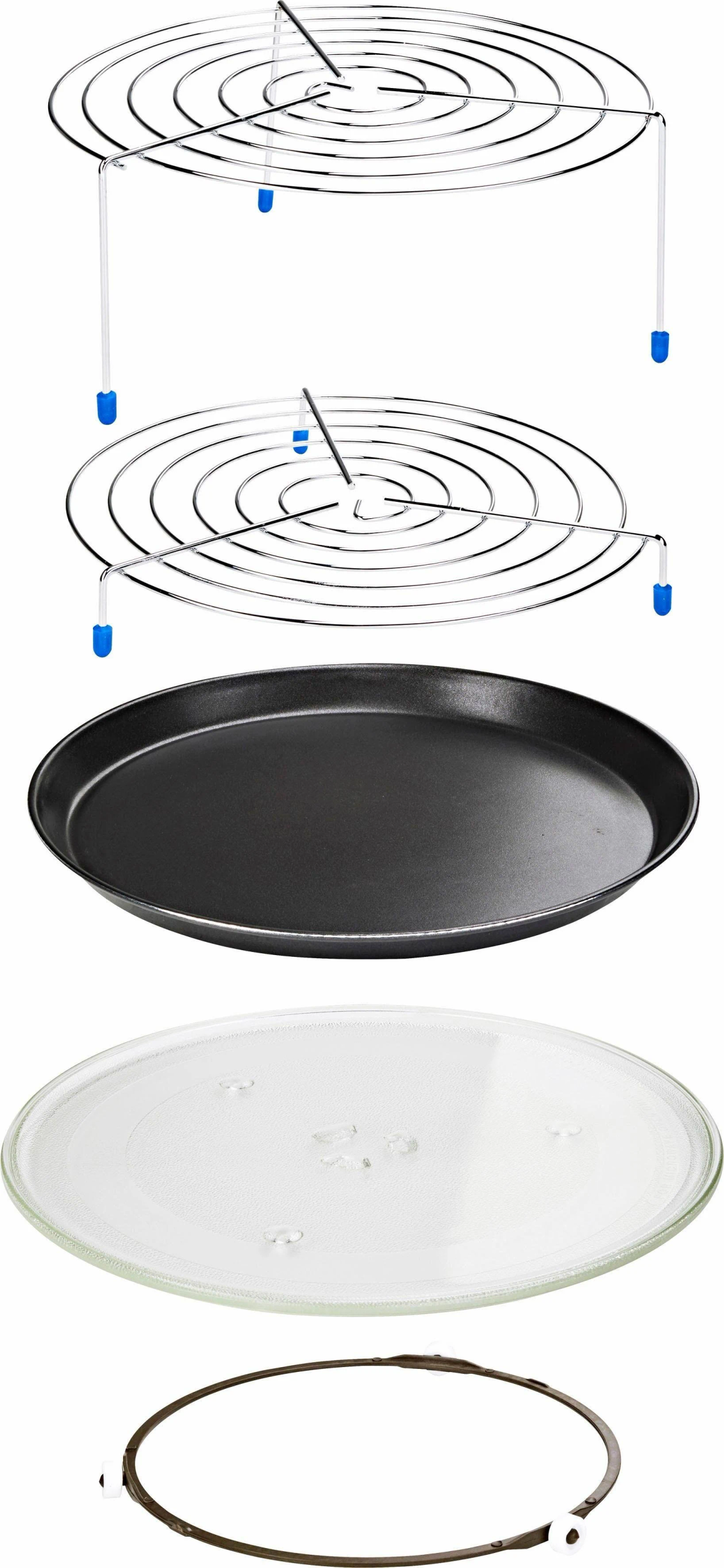 A set of oven racks, a baking pan, a glass plate, and a ring, all in a vertical arrangement.