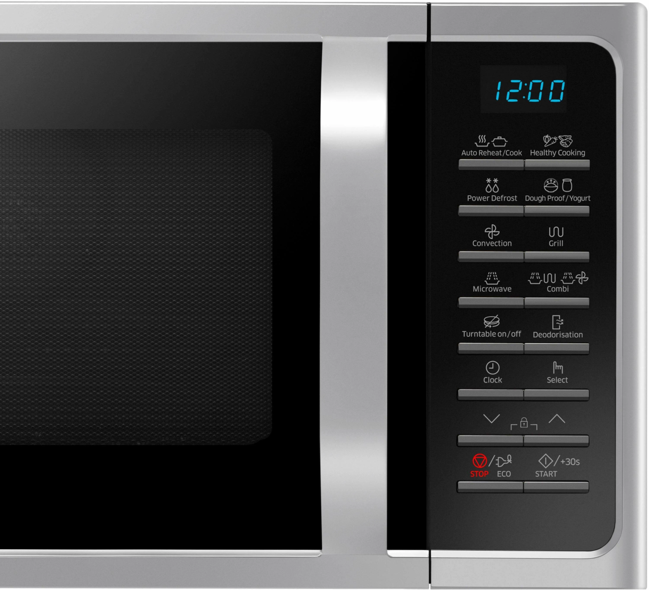 A microwave oven with a digital clock and control panel.