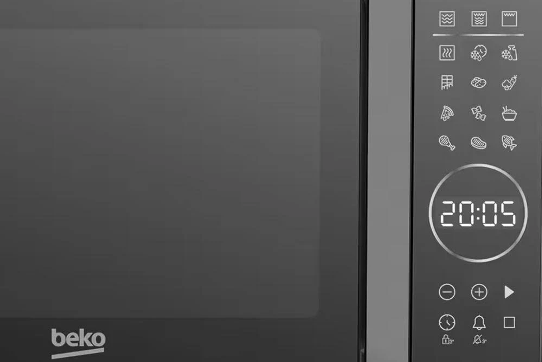 Primer plano del panel de control de un horno microondas negro con reloj digital.