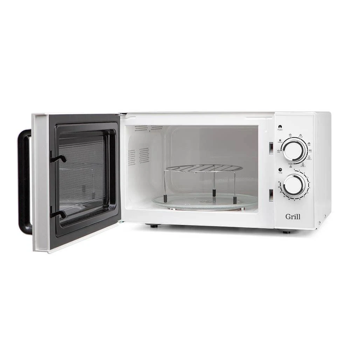 Un microondas blanco con puerta abierta, mostrando interior, rejilla y controles.