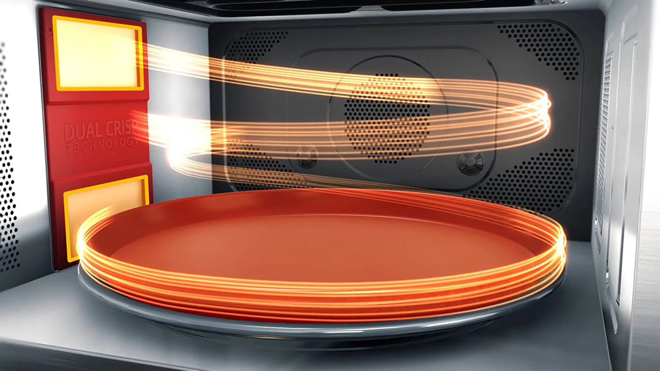 Wnętrze kuchenki mikrofalowej z podświetlanymi elementami i pomarańczowym talerzem.