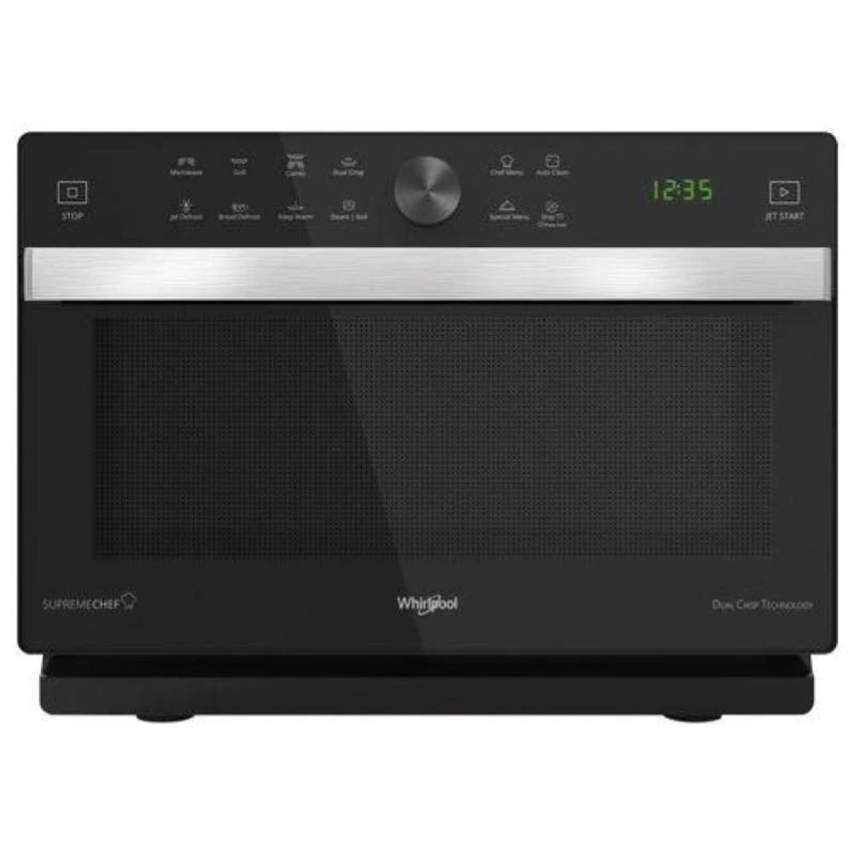 Czarna kuchenka mikrofalowa z zamkniętymi drzwiami.