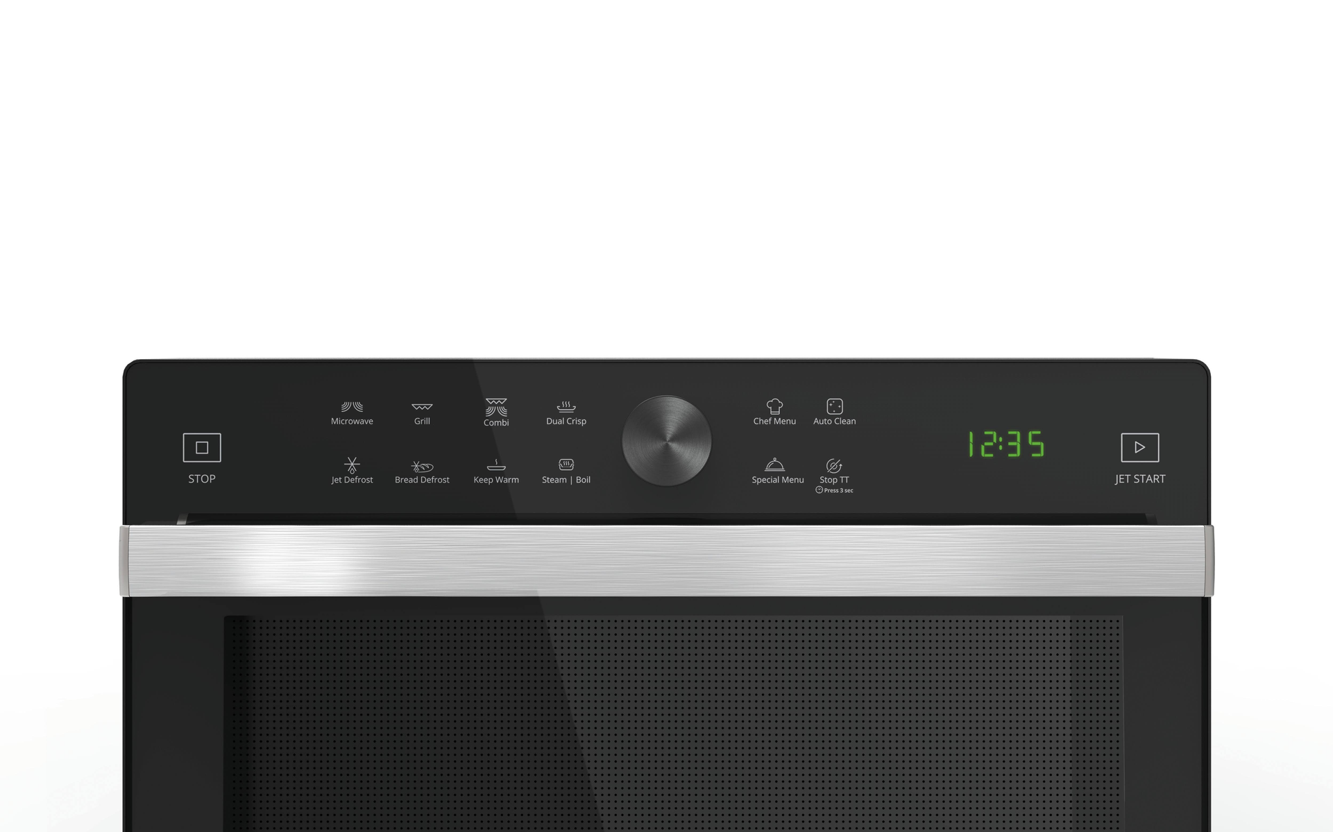 Panel sterowania kuchenką mikrofalową. Czarny ze srebrnymi akcentami. Wyświetlacz cyfrowy.